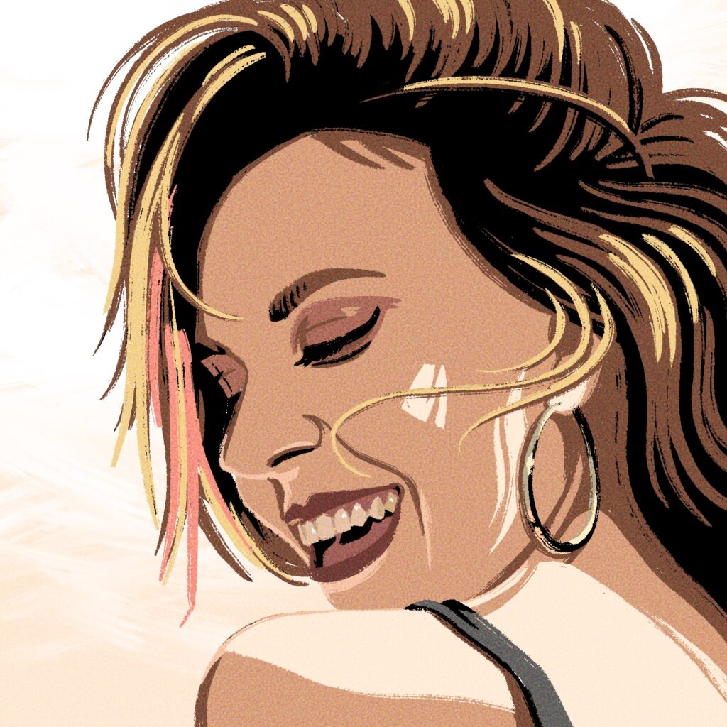 An illustration of a woman smiling over her shoulder. The woman's eyes are closed, and her mouth is open, with tongue and upper teeth visible. She has a light complexion and brown hair, with yellow highlights and a few strands of pink mixed in. She is wearing large, gold hoop earrings. She is wearing a top with a thing black strap going over her shoulder, and bright sunlight is cast onto her shoulder and cheek, leaving the rest of her face darker. Wisps of hair curve over the woman's forehead and cheek, as if the wind has tussled her hair. The background is a white that fades to a light yellow towards the bottom, and the entire image has a slight noise effect added.