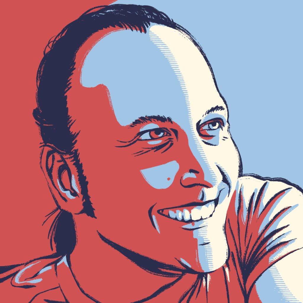 An illustration of Martin Crownover - me! This drawing is a self-portrait of me looking up and to the right. In the illustration, I am facing to the right, at an oblique angle. I am smiling. I have a light complexion, light eyes, and dark hair. My hair is tied back in a short ponytail, and my hairline is high on my forehead. I have thin sideburns going down to the bottom of my ears, and I am wearing a t-shirt. The drawing is shaded in a posterized way, with each section of shading separated by a hard edge. The colors for the shading are the same as the famous Barack Obama "hope" poster, where the colors go from dark blue, to red, to light blue, to a pale yellow, dark to light. There is light horizontal line shading between the yellow and blue going down the center of my face and on my visible arm, on the right. The background is split into red on the left side and light blue on the right.