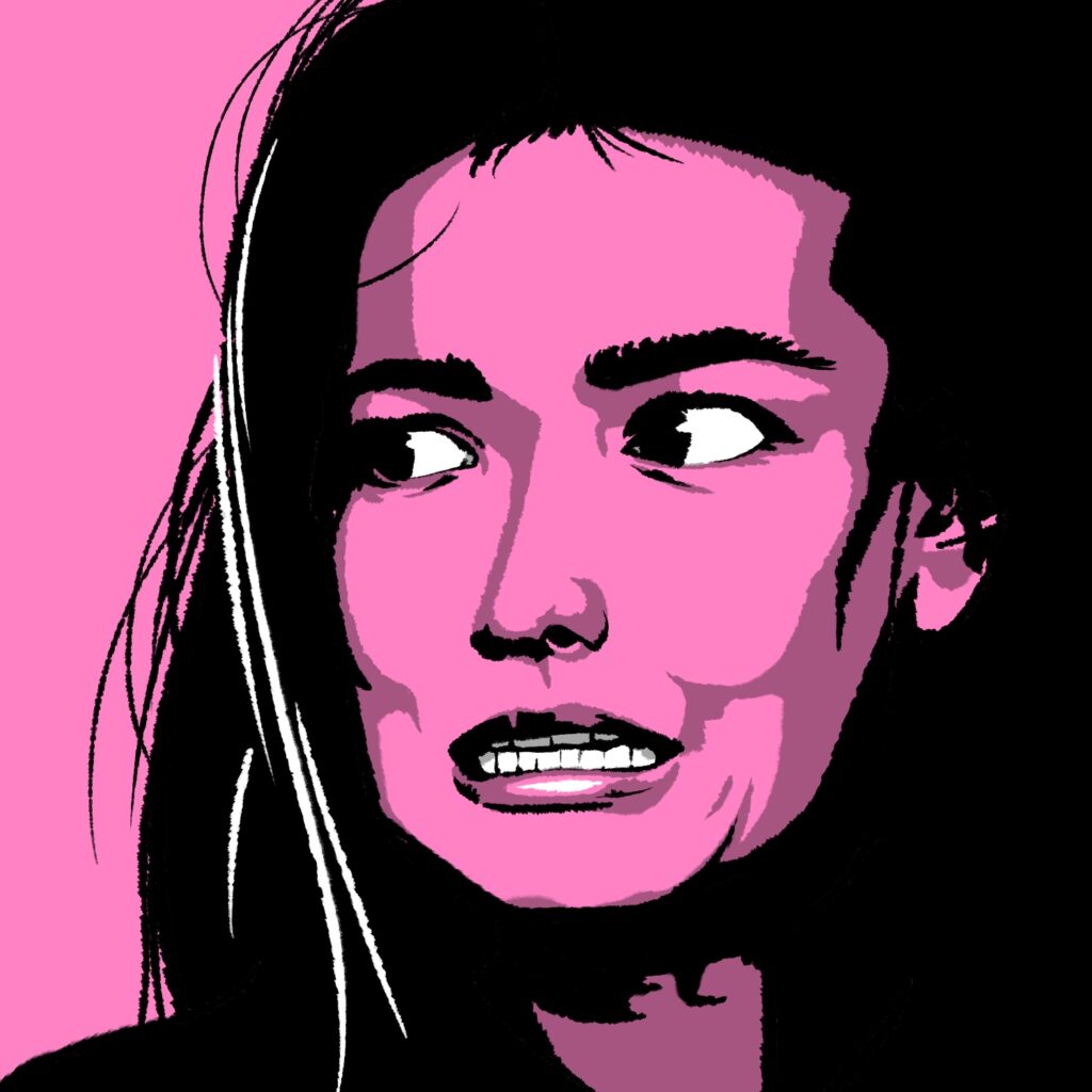 An illustration of a woman looking hard to the side. Her face is pointing very slightly away from the viewer, to the left. Her eyes are turned to the side, exposing large amounts of the whites of her eyes. Her mouth is slightly open, wide, and bottom teeth showing, as if she is feeling awkward on someone else's behalf. The woman is drawn in a high contrast, posterized way, with most of her hair and eyes in completely black, then a single shade of semi-transparent black for details, and finally a layer of white for her eyes and teeth. The mid-tones of the drawing are colored pink, the same as the background.