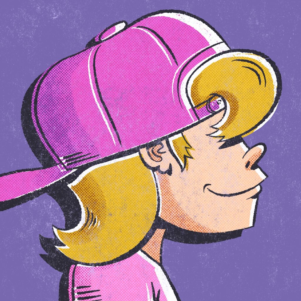 An illustration of a girl wearing a pink hat and shirt, drawn in profile. The girl is wearing her hat backwards, and blond bangs are sticking out of the hole in back of the hat, covering her eyes. Curved blond hair is hanging out at the back of her head, touching her shoulder. She has a grin on her face. The girl is drawn in the style of a Gorillaz character, with a slightly protruding jaw, and has the look and texture of an old comic book page, with rough ink lines, distressed color, halftone shading, and mis-registered blocks of color. The background is a light purple.