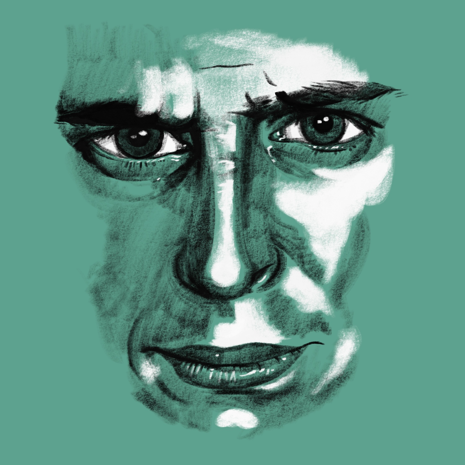 An illustration of a man's face with an unfinished edge, giving it the impression of emerging from the background. The man appears to be somewhat young and has a serious look on his face. The left eye is squinting just a bit more than the right, and his gaze is set directly on the viewer. His lips are closed, His face is drawn as if it was done in charcoal, with black for shadows and white for highlights. The background and neutral color is a dark blue green.