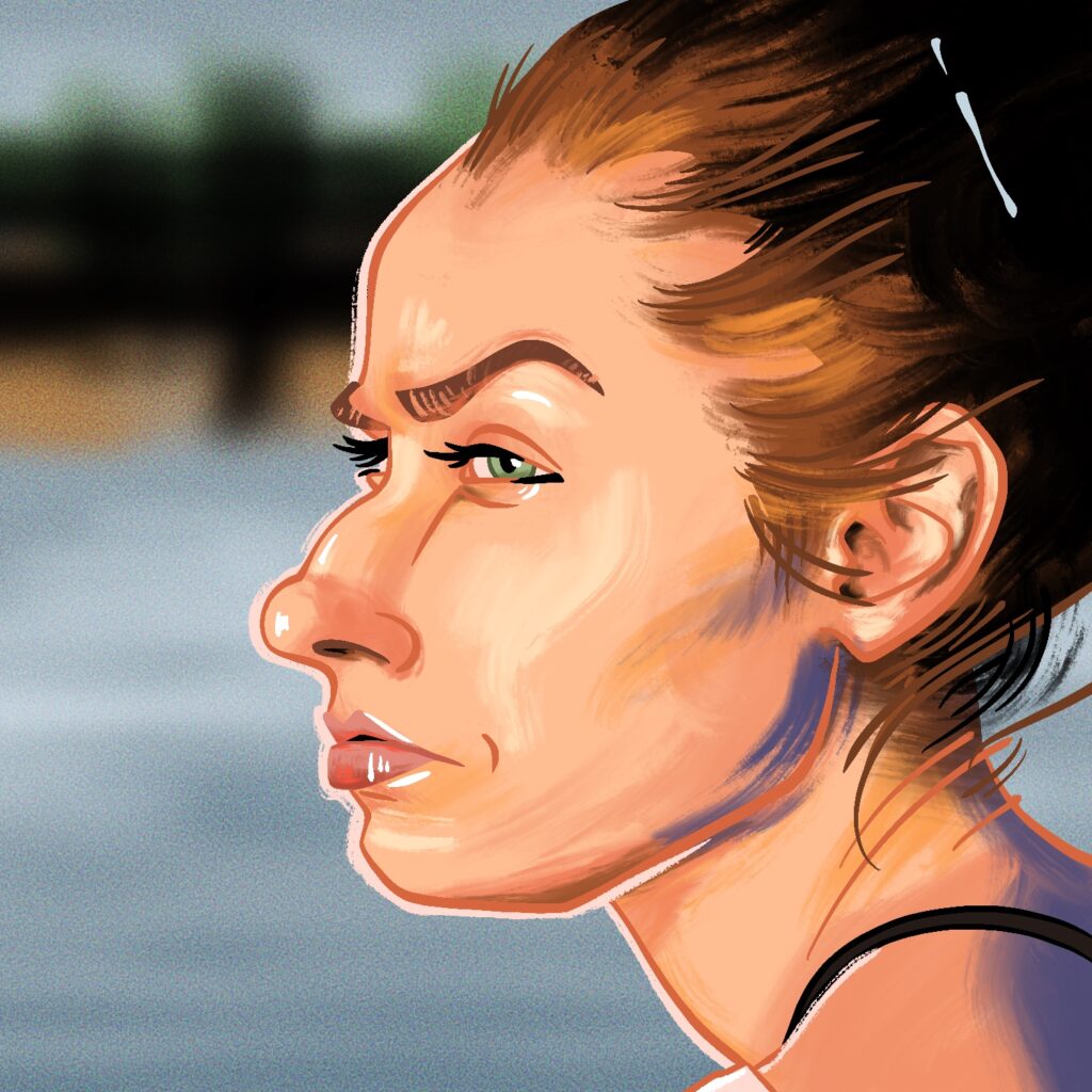 An illustration of a woman staring into the distance. The woman is in near-profile, facing the left, into a bright sunlight. She has a light complexion and green eyes. Her eyes are squinting and looking very slightly away from her face's direction, more toward the viewer. Her lips are almost entirely closed, but not firmly, and she is scowling slightly. Her red hair is tied up behind her head, going out of the upper right corner of the image frame. She is illuminated by the sun, with bright highlights on her face and indigo shadows on her neck and back. The woman is drawn in a slight caricature style, with her noise and eyes larger than they should be. The background is a blurry, noisy landscape of water and distant trees.