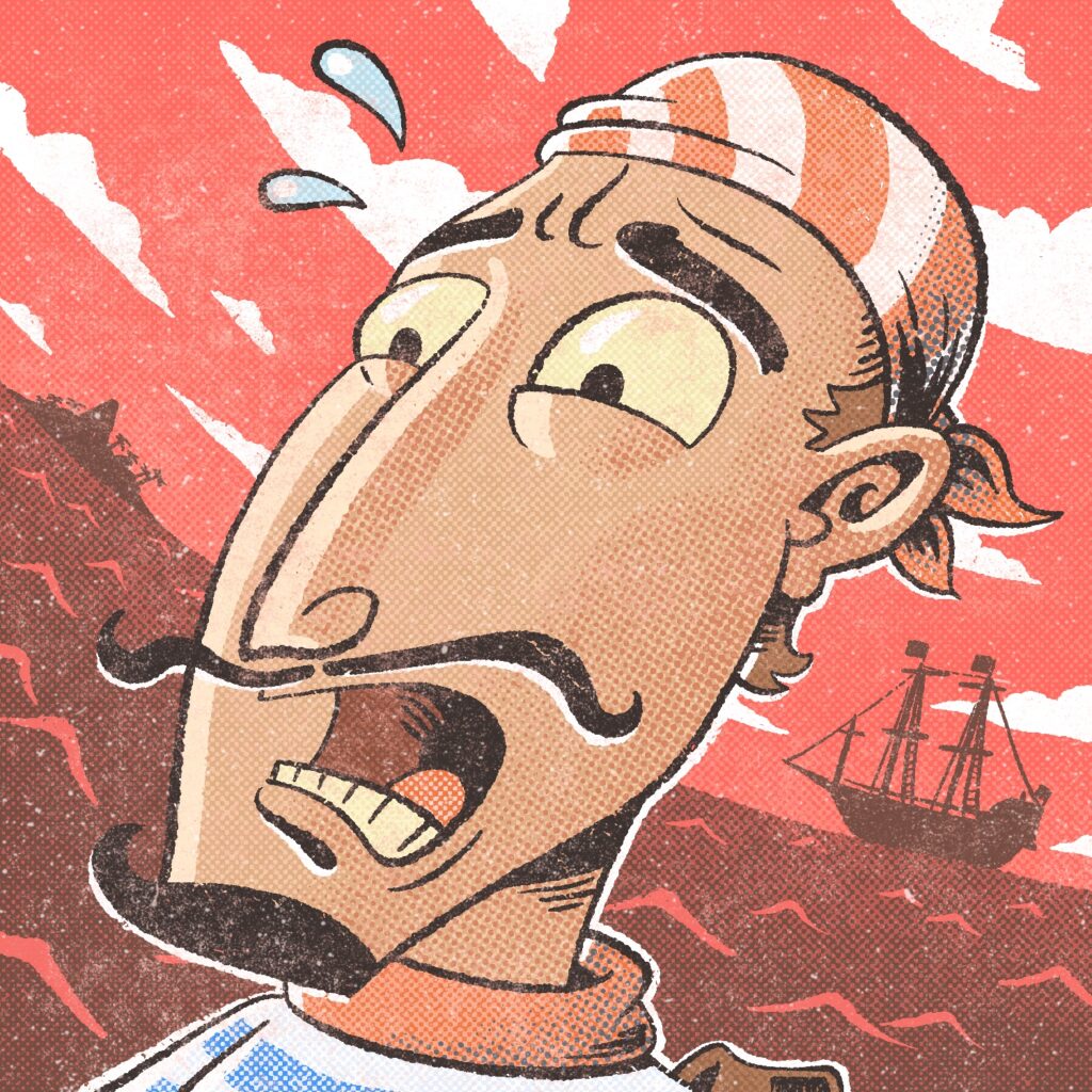 An illustration of a cartoon pirate looking on in fear at an unseen enemy. The pirate has a long face and nose and medium complexion. He has dark eyes, a thin mustache, and a curly goatee. His hair is brown. His mouth is open in fear. He is wearing a red and white striped bandana over his hair, a red sash around his neck, a blue and white striped shirt, and a brown leather strap over his shoulder. The background is bright red with a dark choppy ocean, a pirate ship, and a small island in the distance. The sky is littered with clouds that, along with the horizon line, curve from the perspective. The illustration is styled to look like an old comic book print.
