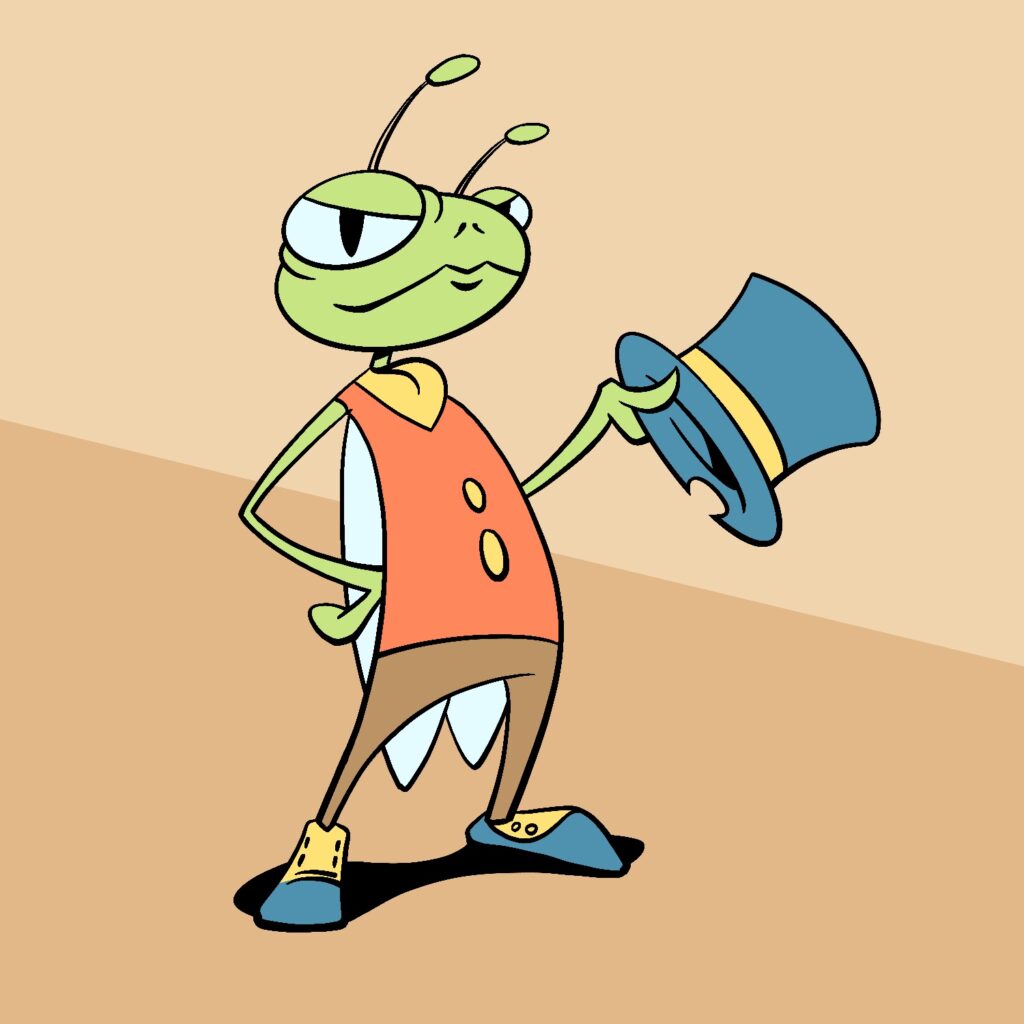 A cartoon illustration of a cricket, standing in a very confident pose and staring at the viewer. The cricket is frowning and smiling at the same time, with a devious look on his face. His body is curved outward and his feet are planted firmly below. He is wearing a red vest with gold buttons, a gold tie tucked into the vest, brown pants, and blue shoes with gold spats. One of his arms is bent with hand on hip, the other is holding a blue top hat with a gold ribbon around it. His antennae are sticking up off his head and his light blue wings are visible behind him. The background is a dull orange with a diagonal of lighter color across the top and falling off to the right.