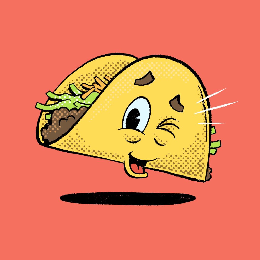 A cartoon illustration of a taco floating in the air. The taco has a face on it, and it is winking at the viewer with an open, smiling mouth. The taco is drawn in a style reminiscent of retro cartoons and shaded with a halftone pattern. The taco is yellow and has brown meat, green lettuce, and gold cheese inside. It is tiled at an angle, and a large shadow is on the ground below it. The background is a faded red color.