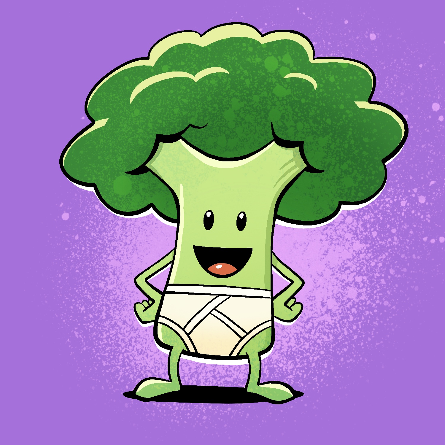A cartoon illustration of a piece of broccoli standing on stubby legs with hands in fists on his hips and a big smile on his face. The broccoli is wearing a pair of white briefs. The broccoli is green and the background is purple, with a puff of pink spray paint behind the broccoli.