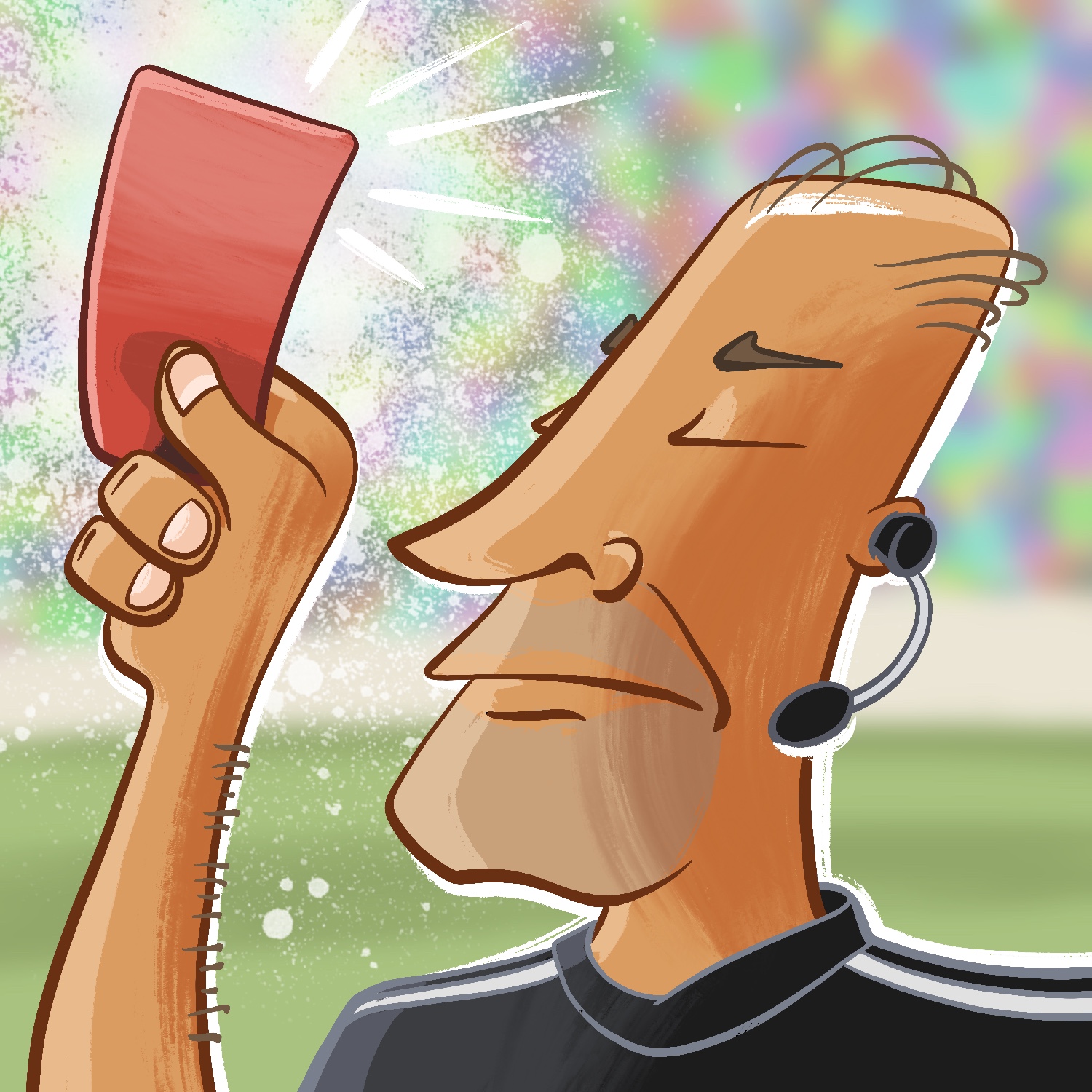 A cartoon illustration of a soccer referee holding up a red card. The ref is a balding older man with a stylized conical head. He has a large nose and a five o'clock shadow. He has a medium complexion and is wearing a black short with white stripes on the shoulders and an earpiece with a microphone curving down to his mouth. His eyes are closed and his head is tilted back slightly. The ref's arm is sticking up next to his head, and it is holding up a large rectangular red card. A blur of field and stands with colorful fans is in the background. A splotch of transparent white spray paint is behind the hand holding up the red card.