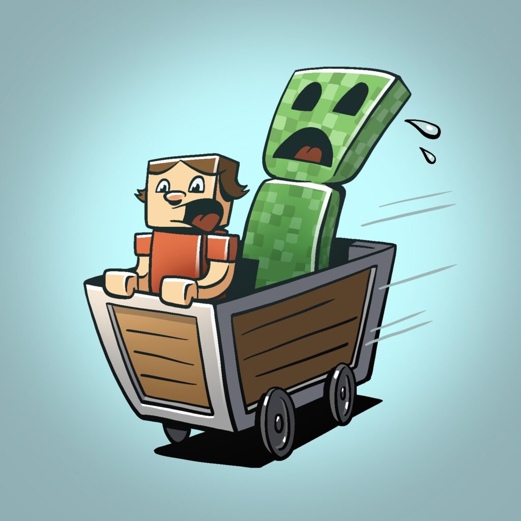 A cartoon illustration of a Minecraft player and a Creeper riding in a mine cart together. The player has a light complexion, a red shirt, and messy brown hair. Behind him is a Creeper. The player is gripping the edge of the mine cart and they both look scared. There are a couple drops of sweat coming off the Creeper. The mine cart is at an oblique angle facing to the left and partly towards the viewer. It has speed lines coming off of it, but it is not drawn on track. The background is a dull, gray blue with a lighter glow behind the mine cart and characters.