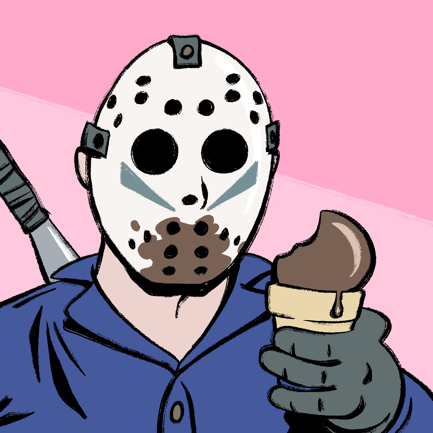 A cartoon illustration of the character Jason Voorhees from the Friday the 13th film series holding a chocolate ice cream cone and eating it through his mask. Jason is wearing a white hockey mask that has a series of small holes in it, and two larger holes for his eyes. The mask has two blue triangular marks on the cheeks, pointing downward under the nose. It has straps on the sides and tops. He is also wearing a blue jumpsuit and dark green gloves, and has a machete strapped to his back. The ice cream cone is a cream color with brown ice cream on top. The ice cream has a large bite taken out of it, and it is dripping onto the cone. The hockey mask has a large brown smudge over the mouth area. The background is pink, with a lighter pink going diagonally across from the upper left to the bottom right.