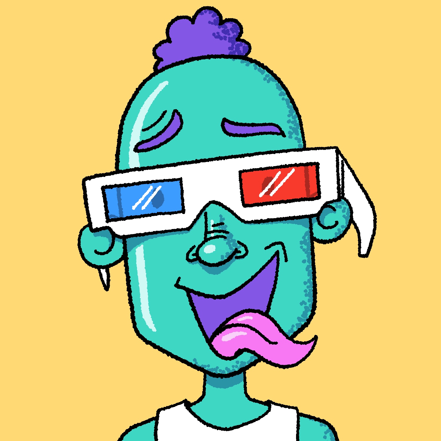 A cartoon illustration of a man wearing 3D glasses. The man is facing the viewer and has his head cocked to the side. He has a large, open smile and a pointy tongue sticking out of his mouth. He has a small puff of hair on the top of his long head, and he has on a white tank top. The man's skin is turquoise, his hair is purple, and his tongue is pink. The 3D glasses are falling off his round ears on one side. The background is yellow. The drawing is lightly shaded with a stippled effect.