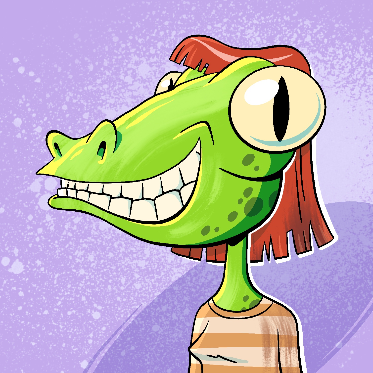 A cartoon illustration of a lizard woman. The woman has bright green skin and a lizard face with large teeth in a big grin. She has large yellow eyes that are bulging out of her head, and she is looking at the viewer, with her head pointed to the left. She has mid-length red hair and bangs and is wearing a cream-and-orange striped shirt. Her skin has darker spots on it in various places. The background is lavender with a darker, skewed ellipse behind the woman, and a light splatter of spray paint.