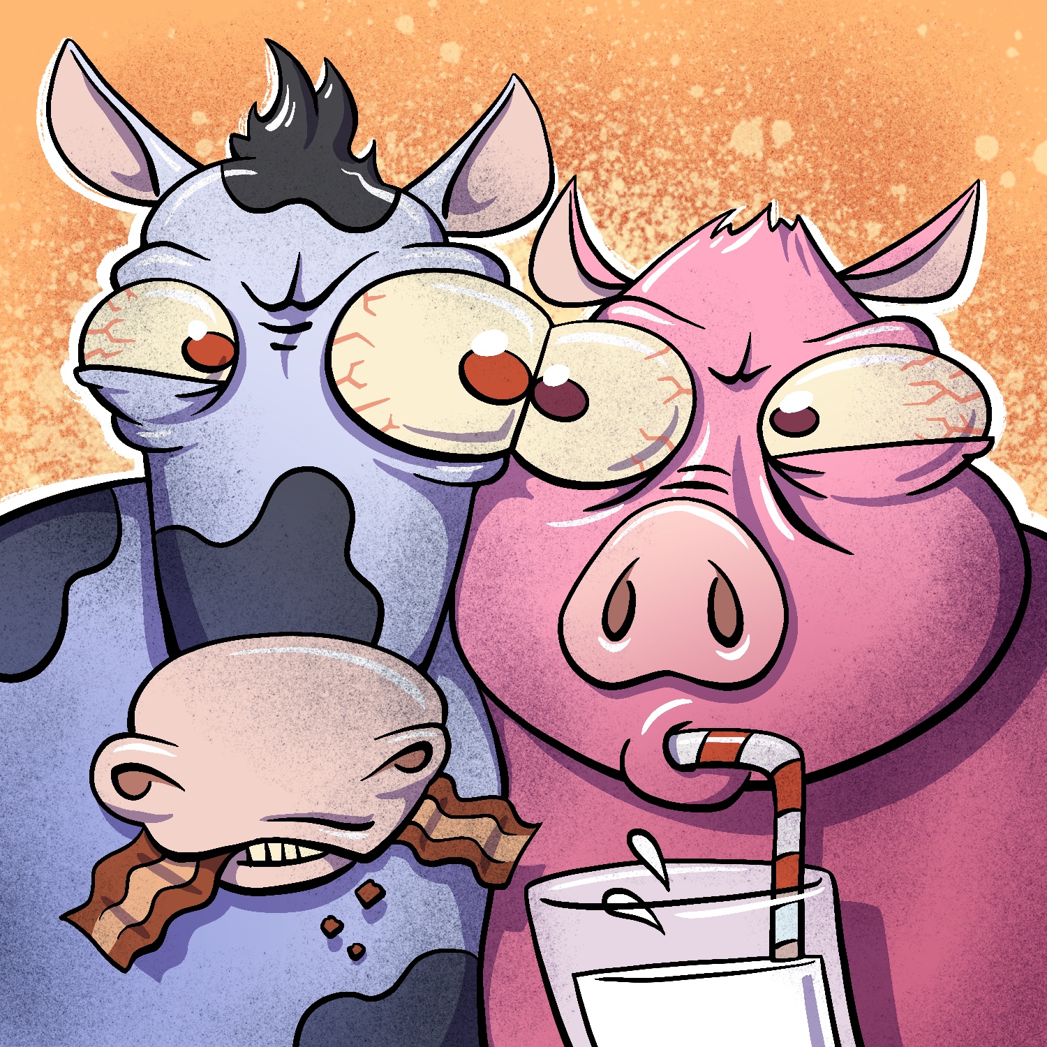 A cartoon illustration of a cow and a pig with heads pushed together at the sides, giving each other dirty looks. The cow is eating a piece of bacon, and small bits are falling out of its mouth. The pig is drinking milk from a glass through a straw. Their eyes are so close they are touching each other, and both of their eyes are slightly bloodshot. The cow is light blue with dark spots and pink ears and mouth. The pig is a bright pink with a lighter colored nose. Both animals have slightly yellow eyes with red irises. The background is orange with a splotch of yellow spray paint on top, behind the animals.