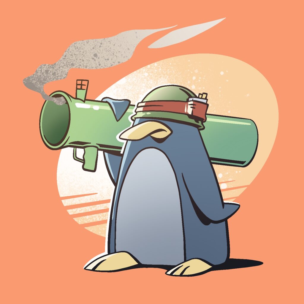 A cartoon illustration of a penguin holding a smoking bazooka. The penguin is blue with yellow beak and feet, and is somewhat squat and triangular. He is wearing an army helmet that covers his eyes completely. The bazooka is a large green tube with a square crosshair on the top and a handle on the bottom. The penguin is holding the bazooka on his shoulder with one wing over the top. A wavy light brown smoke is coming out of the front of the bazooka. The background is a pale orange color with a lighter colored distorted circle behind the penguin.