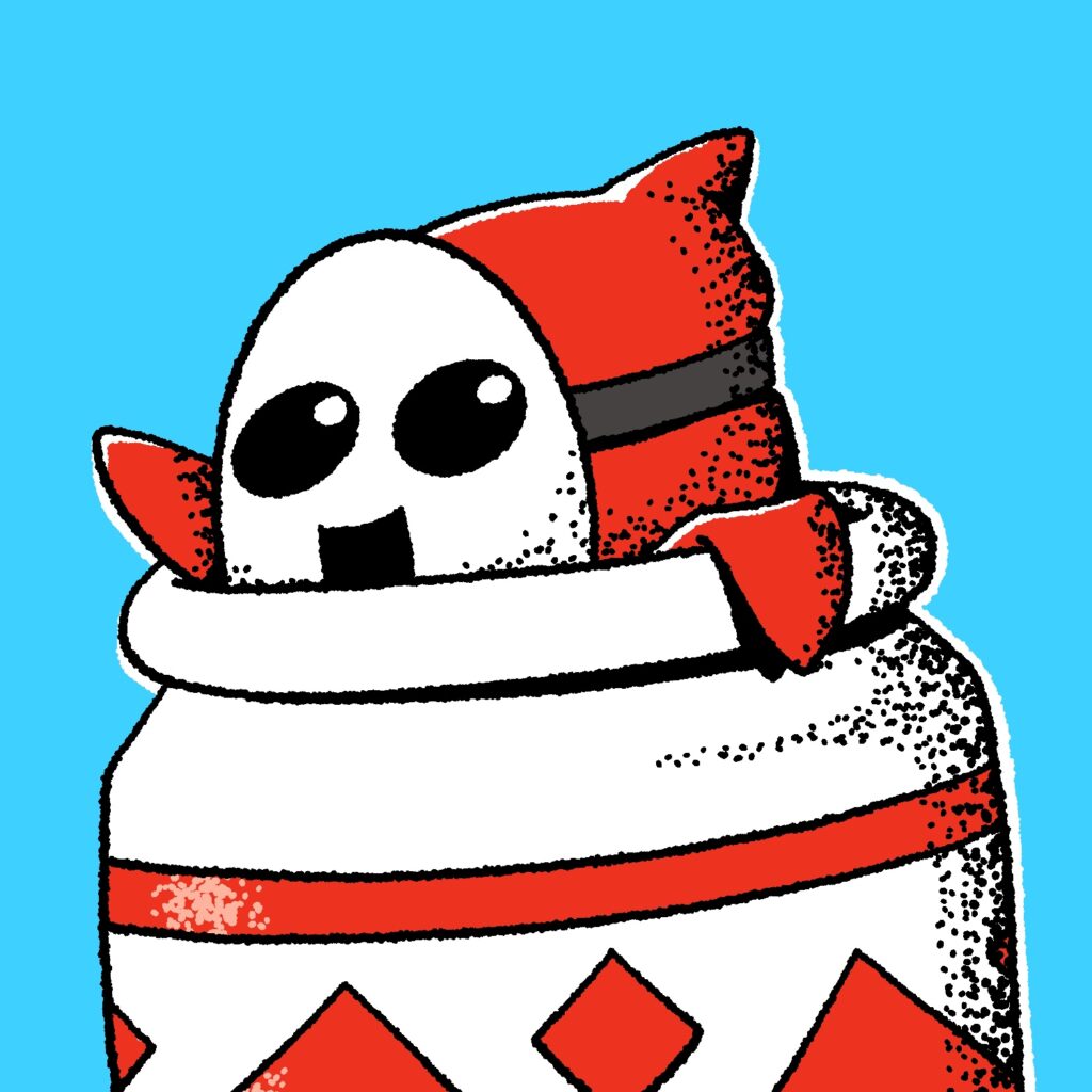 A cartoon illustration of a Shy Guy, from the Super Mario Bros. games, peeking out of a large pot and waving at the viewer. The Shy Guy is halfway out of the pot and gripping the side of it with one arm. The other arm is up in a wave. The Shy Guy's mask looks as if he is smiling. The Shy Guy is dressed in a red cloak with a white mask and black strap. The pot is white with a red zig-zag design clipped off by the bottom of the image. The background is a bright blue.