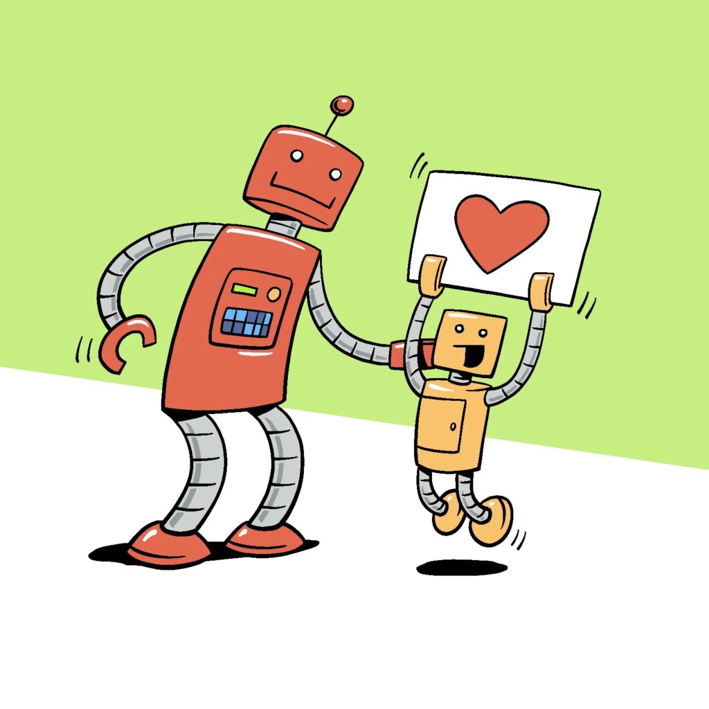 A cartoon illustration of a large robot and a small robot. The small robot is jumping and holding up a sign over its head. The large robot is crouching down slightly and has its hand behind the small robot. Both robots are smiling, and the small robot looks especially excited. The sign is a plain white board with a red heart on it. The large robot is red with metallic trim and a multi-colored control panel on its chest. It has a small round antenna on top of its head. The small robot is a mustard yellow with metallic trim, and a closed rectangular panel on its chest. The background is a pale green with a white floor going diagonally downward across from the left to the right.
