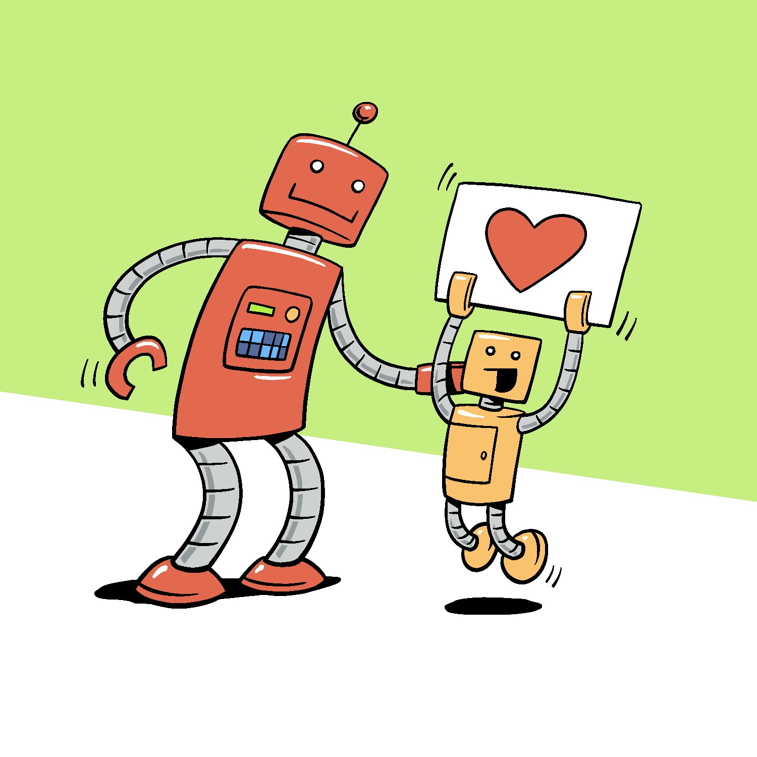 A cartoon illustration of a large robot and a small robot. The small robot is jumping and holding up a sign over its head. The large robot is crouching down slightly and has its hand behind the small robot. Both robots are smiling, and the small robot looks especially excited. The sign is a plain white board with a red heart on it. The large robot is red with metallic trim and a multi-colored control panel on its chest. It has a small round antenna on top of its head. The small robot is a mustard yellow with metallic trim, and a closed rectangular panel on its chest. The background is a pale green with a white floor going diagonally downward across from the left to the right.