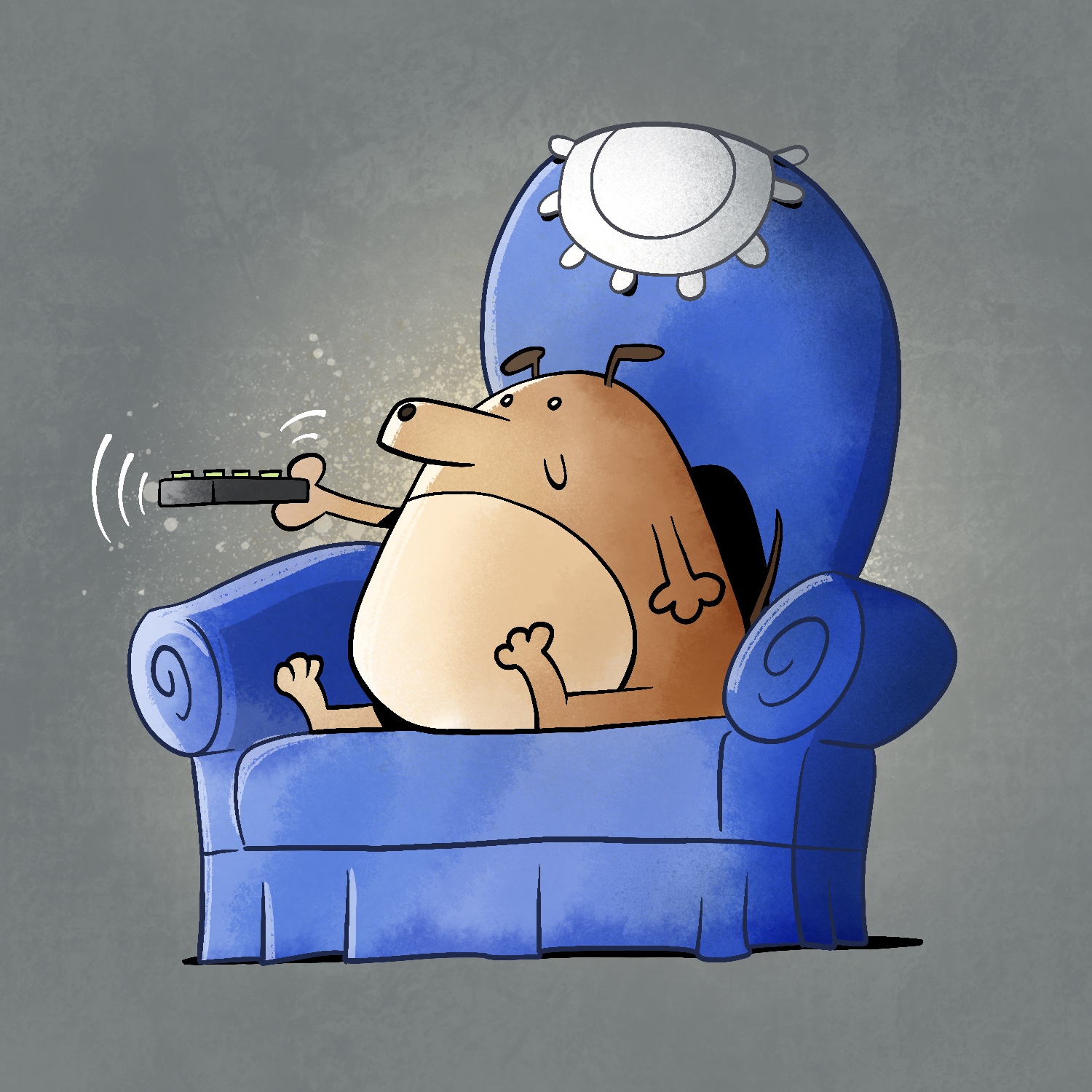 A cartoon illustration of a dog sitting on a chair, watching TV. The dog is smiling and holding a TV remote up. He is brown with dark brown nose and ears, a lighter belly, and is shaped like a gumdrop. He fills most of the chair. The chair is a large blue armchair with a white doily draped over the back. The background is a gray green color with light splotches of spray paint behind the dog.