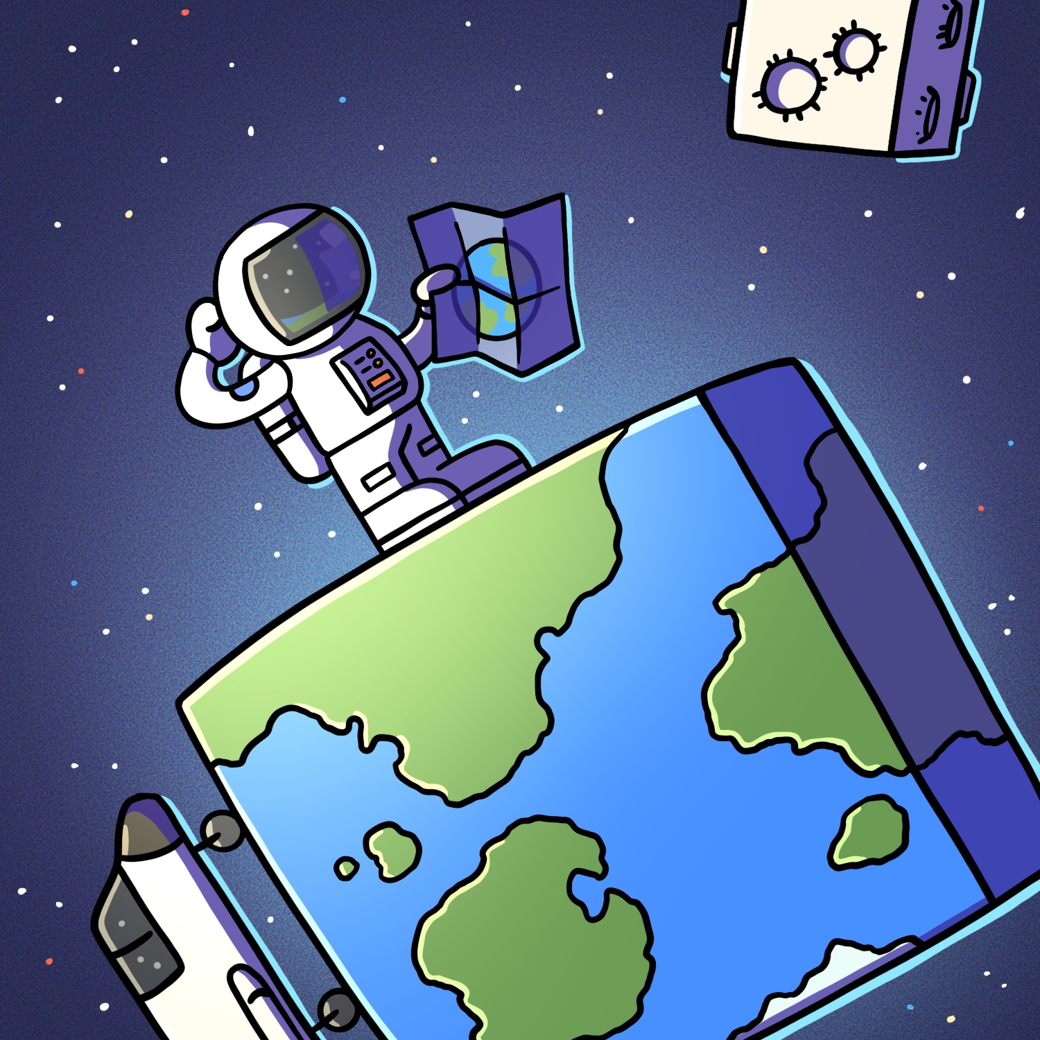 A cartoon illustration of an astronaut standing on a small cube world. The astronaut has one head behind is helmet, scratching his head. The other hand is holding a map with a round planet on it, colored similarly to the world he is standing on. The world is about twice as big as he is, and has blue water, green land masses, and an ice cap at the bottom. The astronaut's ship can be see parked on the side of the world. There is a cube moon in the upper right corner, and in the background is outer space. The astronaut's uniform is a creamy white color. The ship is the same color but with a dark nose. The moon is also the same light color. All of the objects have a purple shadow on the right. The background is a dark indigo with stars dotted across it.