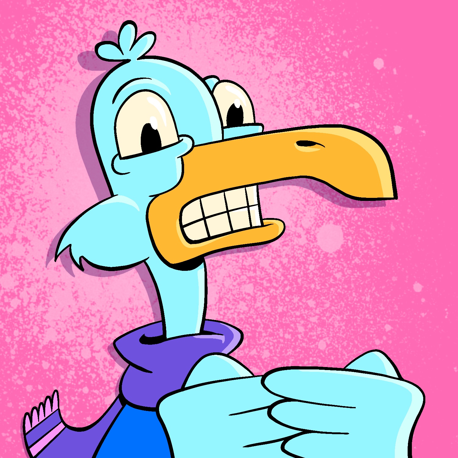 A cartoon illustration of a stressed bird. The bird has a worried look on his face with slightly wincing eyes and gritted teeth. He has a long yellow beak and light blue feathers. His wings are clutched together in front of him. He is wearing a blue top and a purple scarf with pink trim. The background is pink with a lighter pink splotch of paint on it, behind the bird. The bird is casting a purple shadow onto the background.