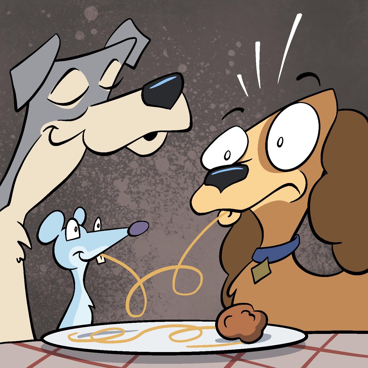 A cartoon illustration of the dogs from Lady and the Tramp in the famous spaghetti scene. Tramp is on the left, puckering up for a kiss with his eyes closed. Lady is on the right, slurping up a strand of spaghetti, but looking shocked as she sees that the other end of the pasta is going into a rat's mouth. The rat is sitting under Tramp and has a big smile on his face. A plate is on a table in the foreground. It has a single strand of spaghetti on it, and a meatball close to Lady. Tramp is gray with a light streak on his mouth and going down his belly. Lady is brown with a similar light streak around her mouth and up the center of her face. The rat is light blue with a light streak around his mouth and going down his belly. The background is a warm gray-brown, with a slight spray paint splatter behind the plate and Lady.