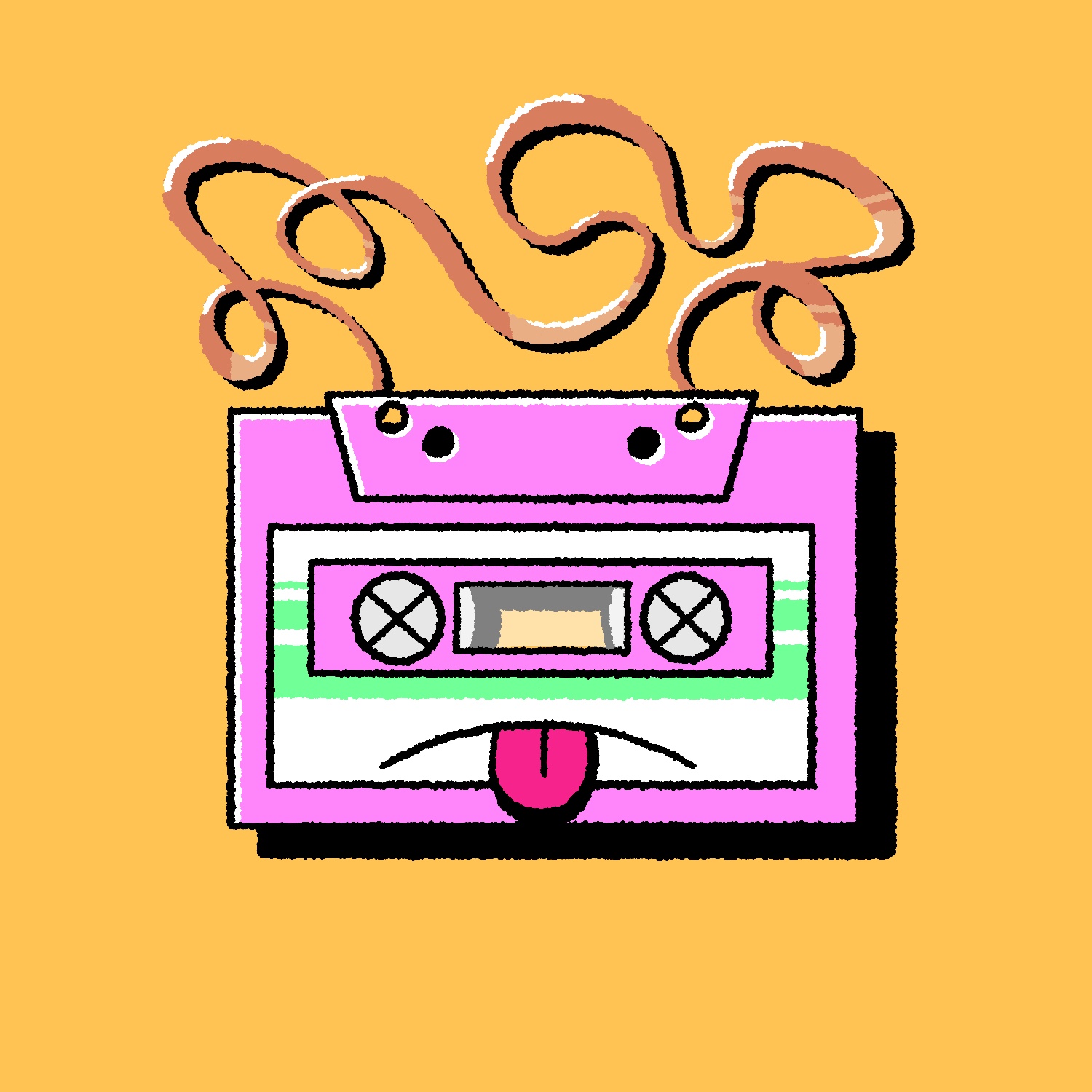 A cartoon illustration of a tape cassette with the tape unspooled and out of the case. The tape's reel spools are X's and it has a downturned mouth with tongue sticking out. The tape is looped and twisted above it. The tape is pink and has a white label with green stripes. The tape is orange with cream highlights. The tongue is a bright raspberry color. All of it is casting a hard black shadow on top of a gold background.