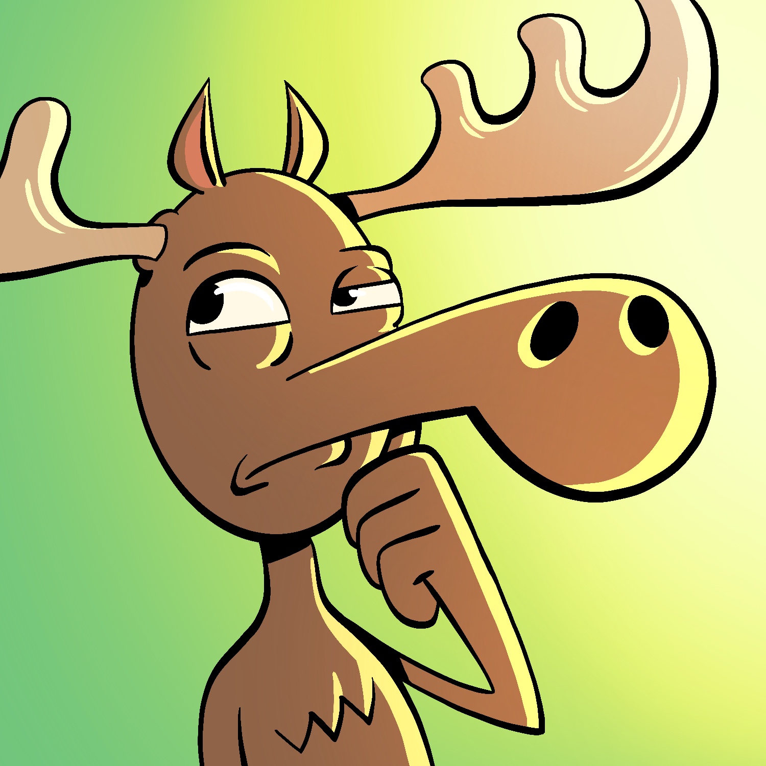 A cartoon illustration of a moose holding his chin in his hand and looking skeptical. The moose is looking up and to the side, away from the viewer, and one eye is squinting. He is brown with gold antlers. The background is a bold green that gets brighter on the right edge.