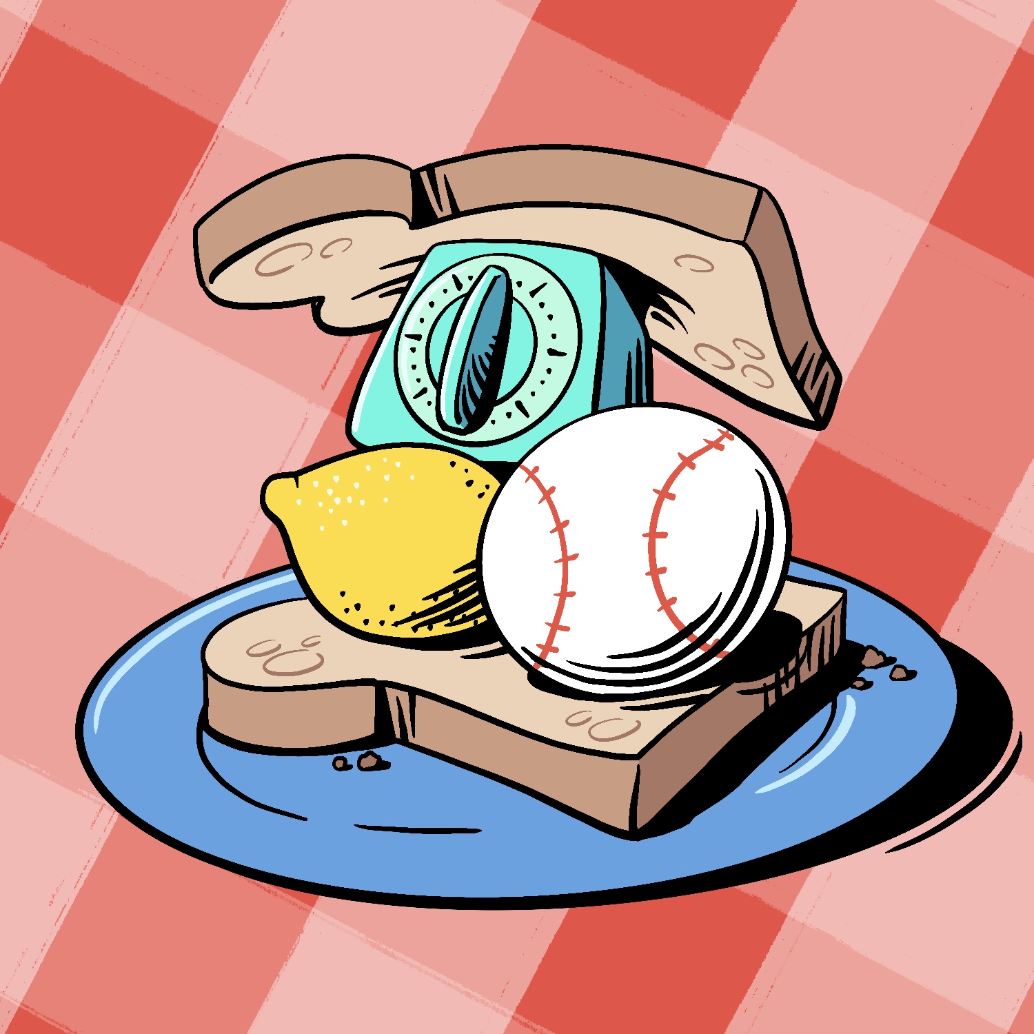 A cartoon illustration of a sandwich. The sandwich has two pieces of bread with a baseball, lemon, and (kitchen) timer between. The bread is light brown, the baseball is white with red seams, the lemon is yellow, and the kitchen timer is a light turquoise. The sandwich is sitting on a shiny blue plate. The background is a red, pink, and white gingham pattern.