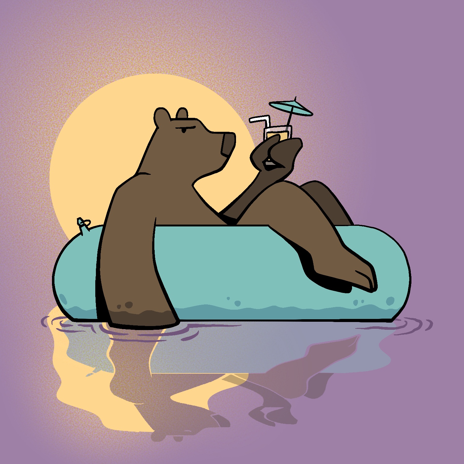 A cartoon illustration of a large, chunky brown bear sitting in a large floating innertube and looking dejected. The bear is slouched into the center of the tube, which is a teal color. One of his paws is hanging into the water and the other is holding a mixed drink with a straw and tiny umbrella sticking out. The bear's feet are hanging over the end of the tube, but his legs are too short to let them go into the water. The bear is frowning. There is a glowing gold sun behind the bear, and a wavy reflection of everything below. The background is a pale purple color.