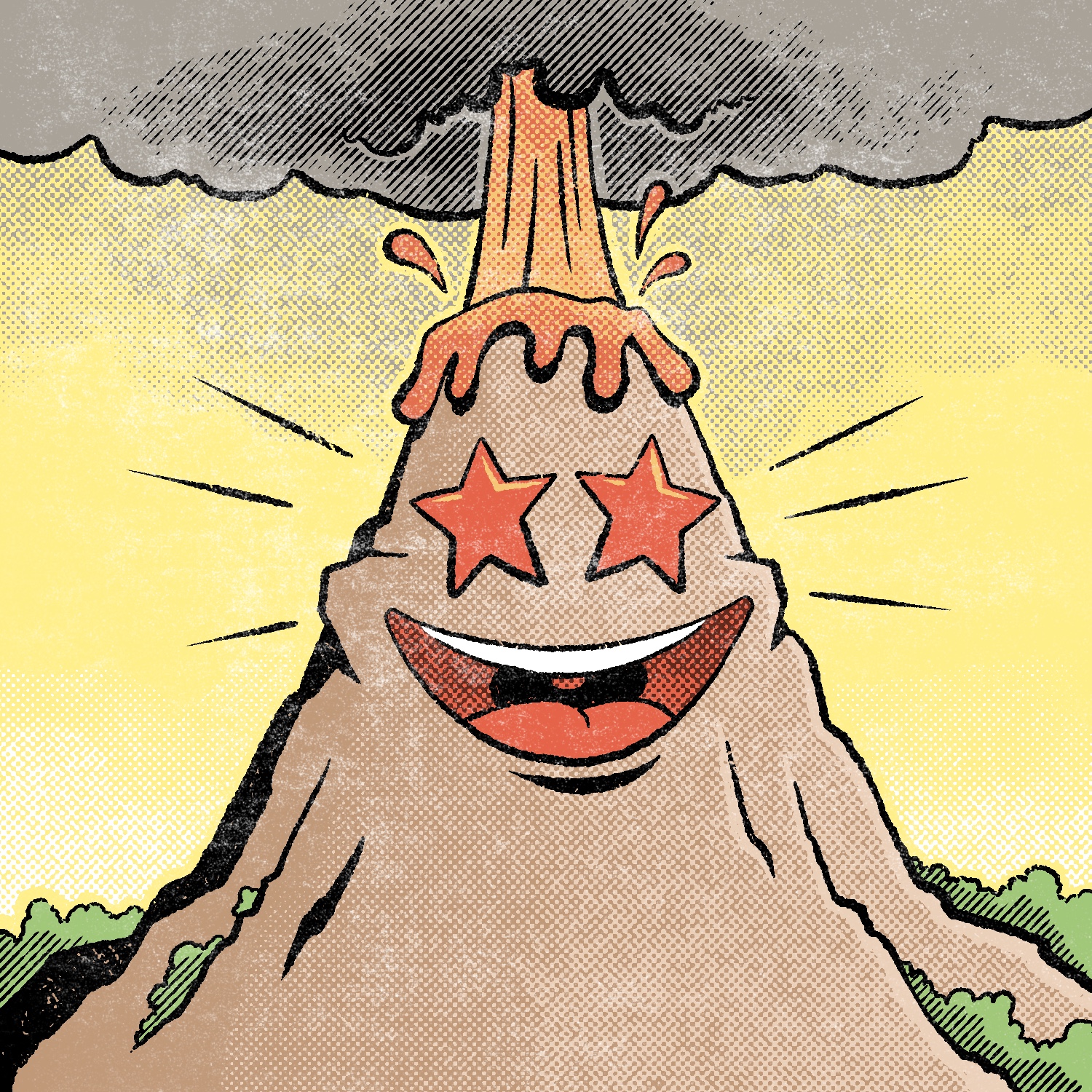 An illustration of a volcano exploding. The volcano has a cartoon face on it that looks like the smiling emoji with stars in its eyes. It is light brown with pale green trees going partly up both sides. The top of the volcano is covered in lava that is dripping down the sides, and a shaft of fire is shooting out of the top and into the it, creating a large gray cloud at the top. The sky is a pale yellow that fades to white near the horizon and gray at the top, under the cloud. The line work and shading are meant to make the image look like it's from a vintage comic book.