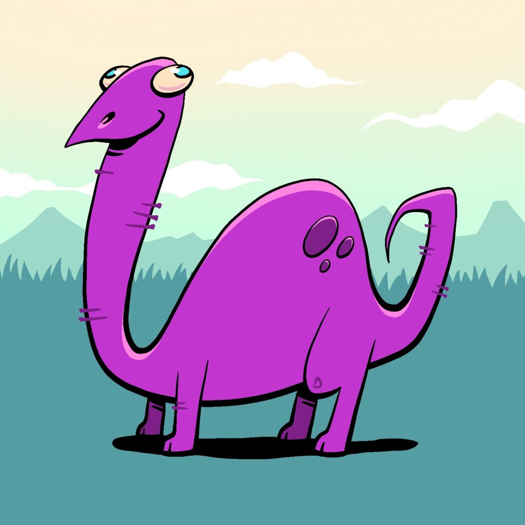 A cartoon illustration of a dopey-looking dinosaur. The dinosaur is purple and has a long neck, humped back, and a long tail that is curled up behind him. His four legs are stubby, leaving him low to the ground. His eyes are a light gold color with blue irises, and are bugging out widely. He is smiling and has a vacant look on his face. The background is a pale teal sky that fades to peach at the top. There are a few white clouds, and the silhouettes of a mountain range and jungle below, in a darker green-blue.
