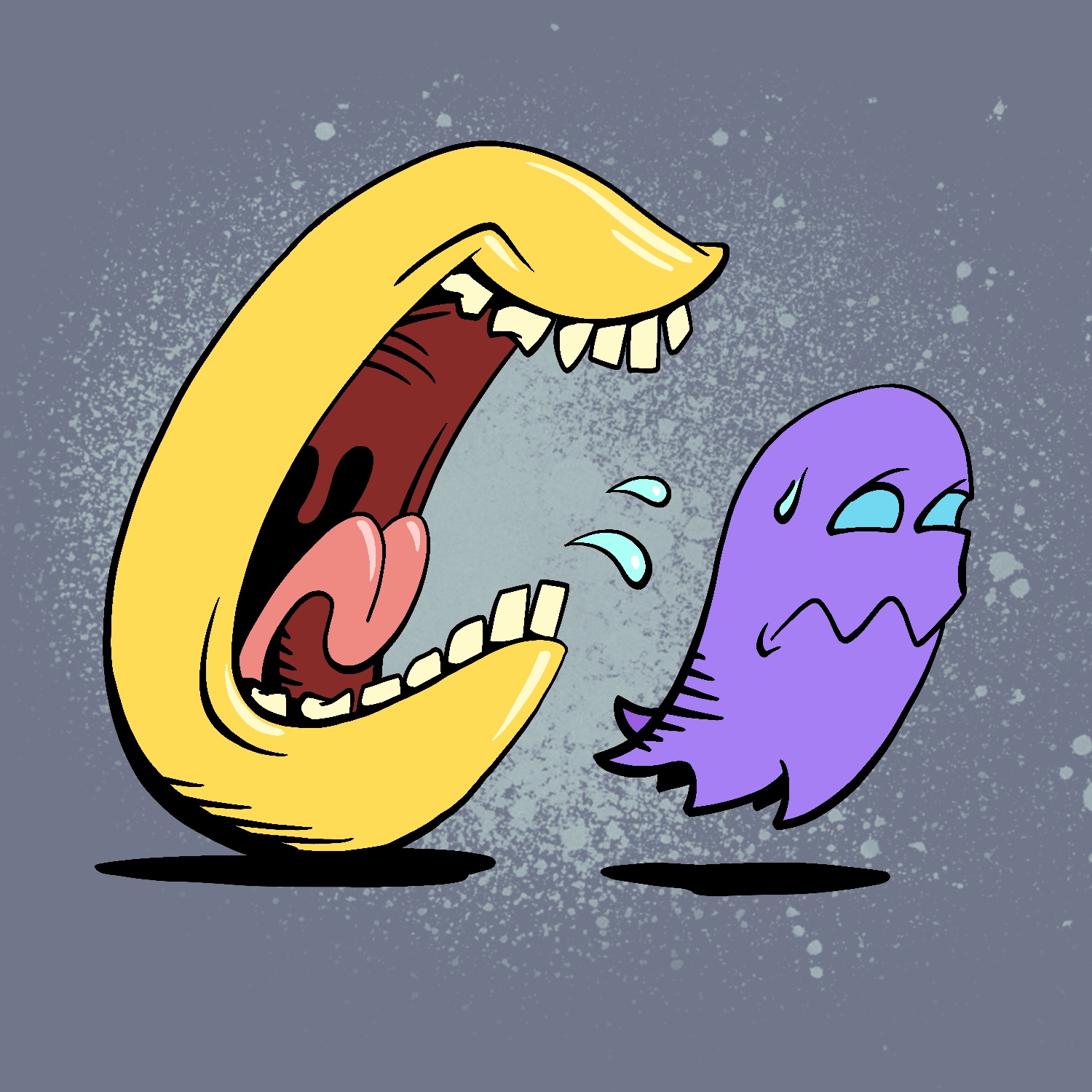A cartoon illustration of Pac-Man chasing a scared ghost. The drawing is done in a loose style, with thick lines, dark hatched shadows, and extra details. Pac-Man has a large gaping mouth with protruding teeth and tongue sticking out. His mouth is slightly smiling, and he is leaning toward the ghost as if he is chasing it. Pac-Man is yellow, his tongue is pink, and the inside of his mouth is red. Two drops of spit are flying out of his mouth. The ghost has a worried look on its face and a drop of sweat on its head. It is hovering in the air and leaning away from Pac-Man, as if it is fleeing. The ghost has a round head, and its sheet has a jagged edge at the bottom. It is purple with blue eyeholes. The background is a steel gray with a splatter of lighter blue spray paint behind Pac-Man and the ghost.