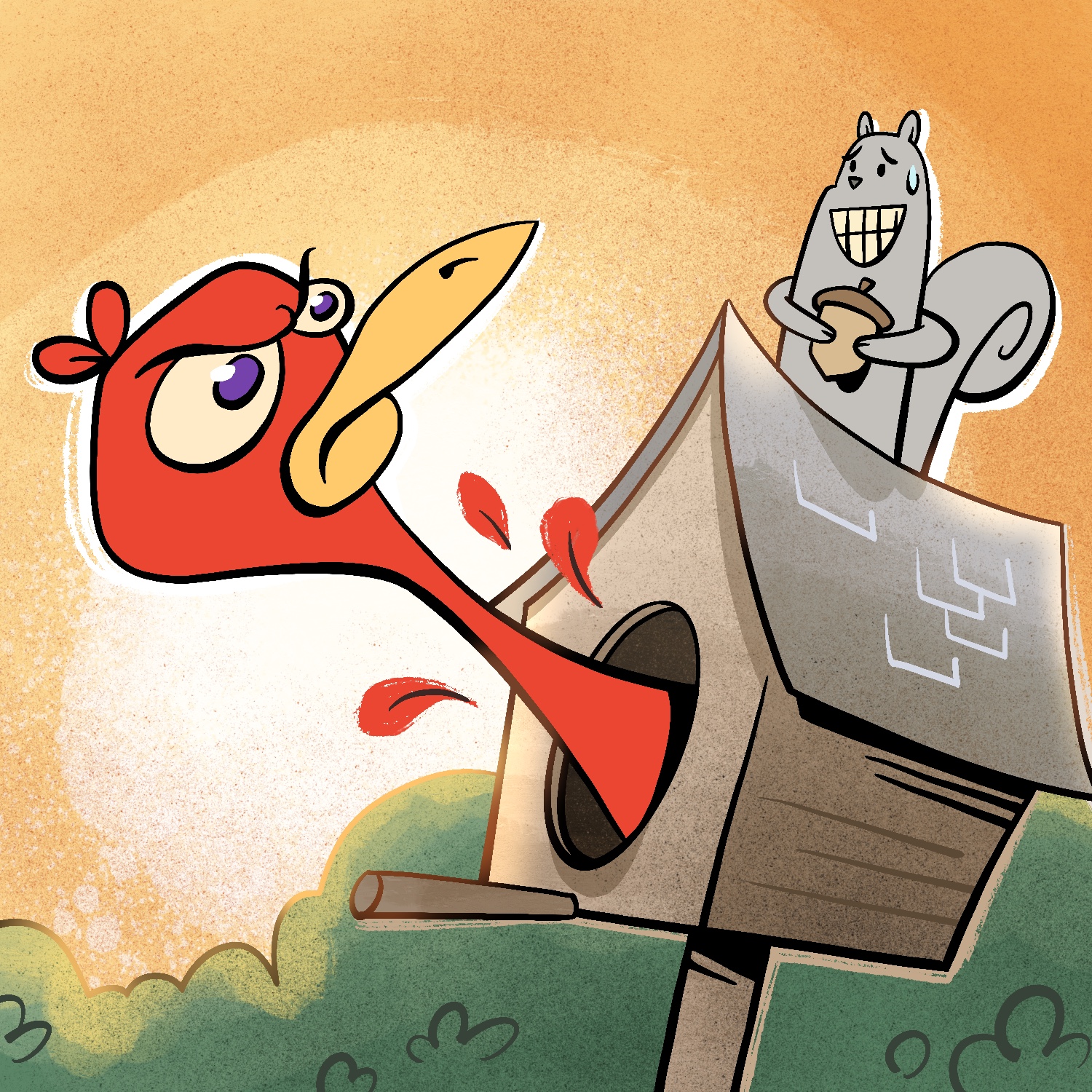 A cartoon illustration of a bird sticking his head out of a birdhouse and staring angrily at a squirrel who is standing on top of it. The bird is scowling and he has a long narrow beak and two small feathers on top of his head. His feathers are red and his eyes are purple. The squirrel looks nervous and has sweat coming down the side of his head. He is holding an acorn in his paws and his tail is sticking up behind him. The squirrel is gray and the acorn is brown. The background is an orange sky with white sun behind the bird and green bushes below. It has a gritty look to it, with a lot of noise in the color.