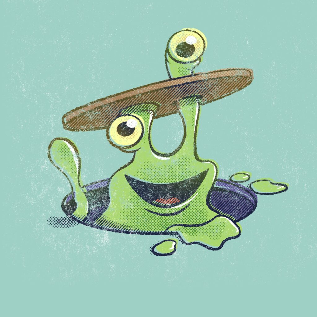 A cartoon illustration of a green, gooey-looking sewer monster sticking up out of a man-hole, smiling and waving at the viewer. The man-hole cover is sitting on top of the monster's head, and one of his eyeballs is resting on a tentacle that has gone through it. The other eye is just below the lid. The monster has a large open-mouthed grin on its face, and one tentacle is raised up as if to wave. There are drops of green goo around the edge of the hole. The man-hole lid is a light brown/copper color, the inside of the hole is purple, and the background is a faded teal. The drawing is shaded with halftone dots, hatched lines, and solid black. It is distressed and the colors are mis-aligned, giving it the look of a faded print.