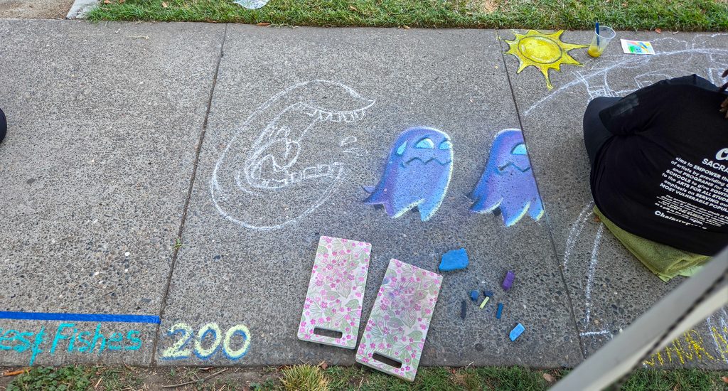 A progress photo of my square with an outline of Pac-Man and filled in ghosts.