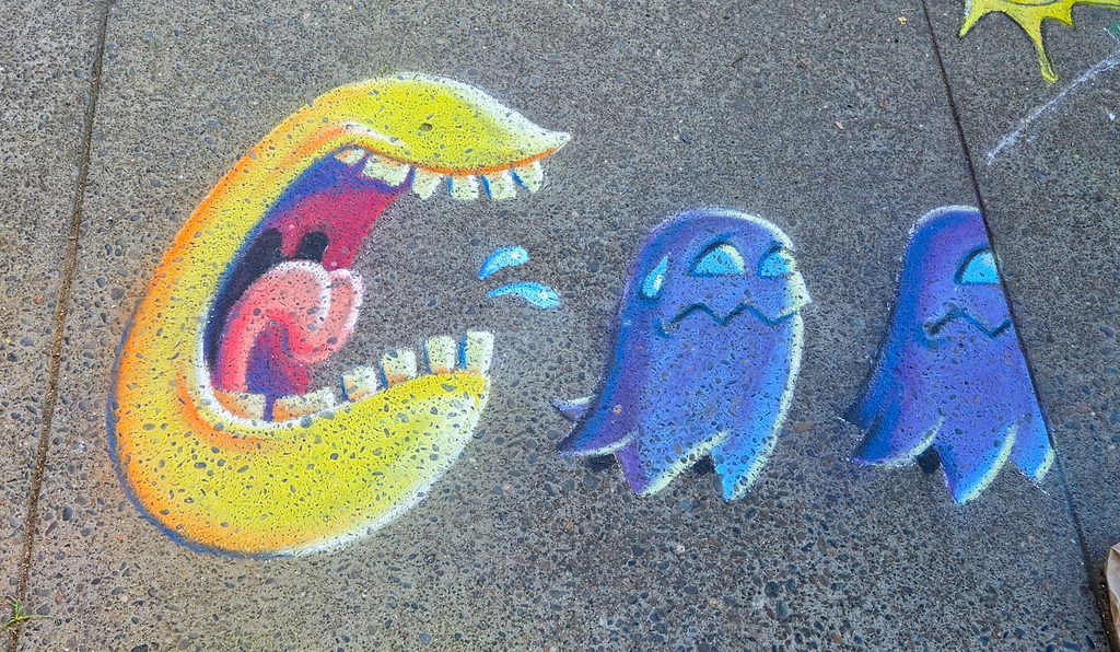 A close-up photo of the finished Pac-Man and ghosts.