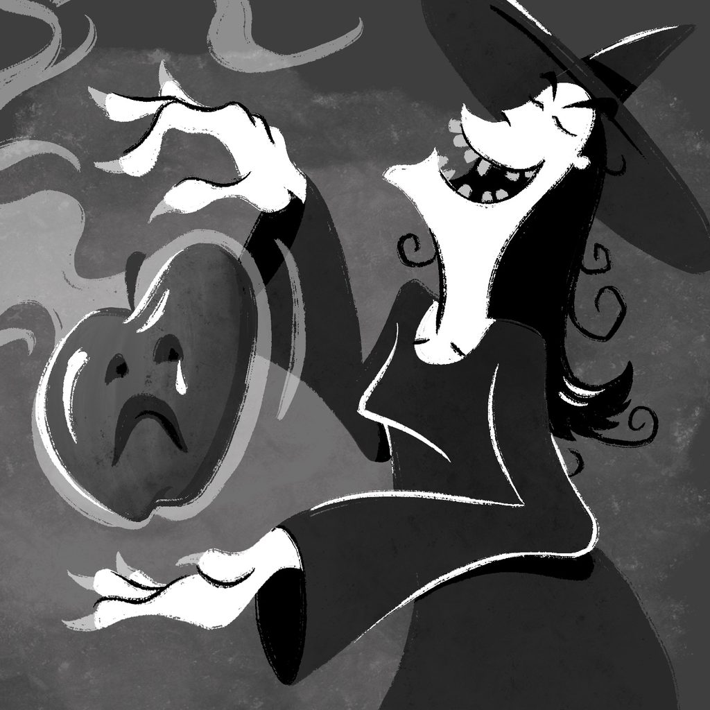A black and white illustration of a witch conjuring a poisoned apple. The witch has white skin and black hair and has her head thrown back in a big cackle. She is wearing a dark gray robe and witch hat and has one hand out with palm upward. An apple with a sad face is floating over it. The other hand is hovering over the top of the apple. A poison cloud is wisping off of the apple. The background is a grungy gray.