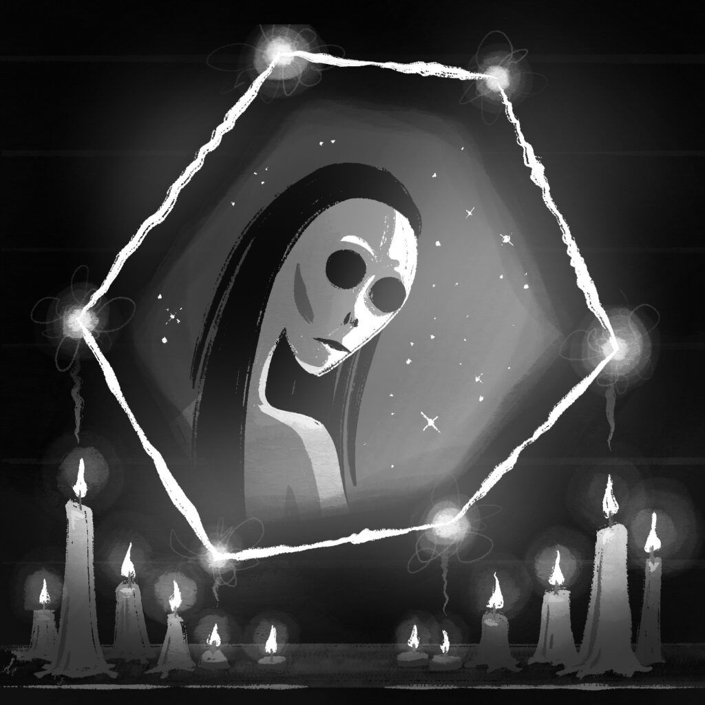 A black and white illustration of an otherworldly portal opened above candles. In the portal, a human-like figure can be seen looking over its shoulder at the viewer. The portal is floating in darkness above a number of lit candles. It is made of six glowing points and circled by a wavy line. The view in the portal is hazy. The figure in the portal has pale skin, a long neck, an alien-like head, and long black hair. It has an expressionless face with large empty eyes, small holes for nostrils, and a straight, closed mouth.