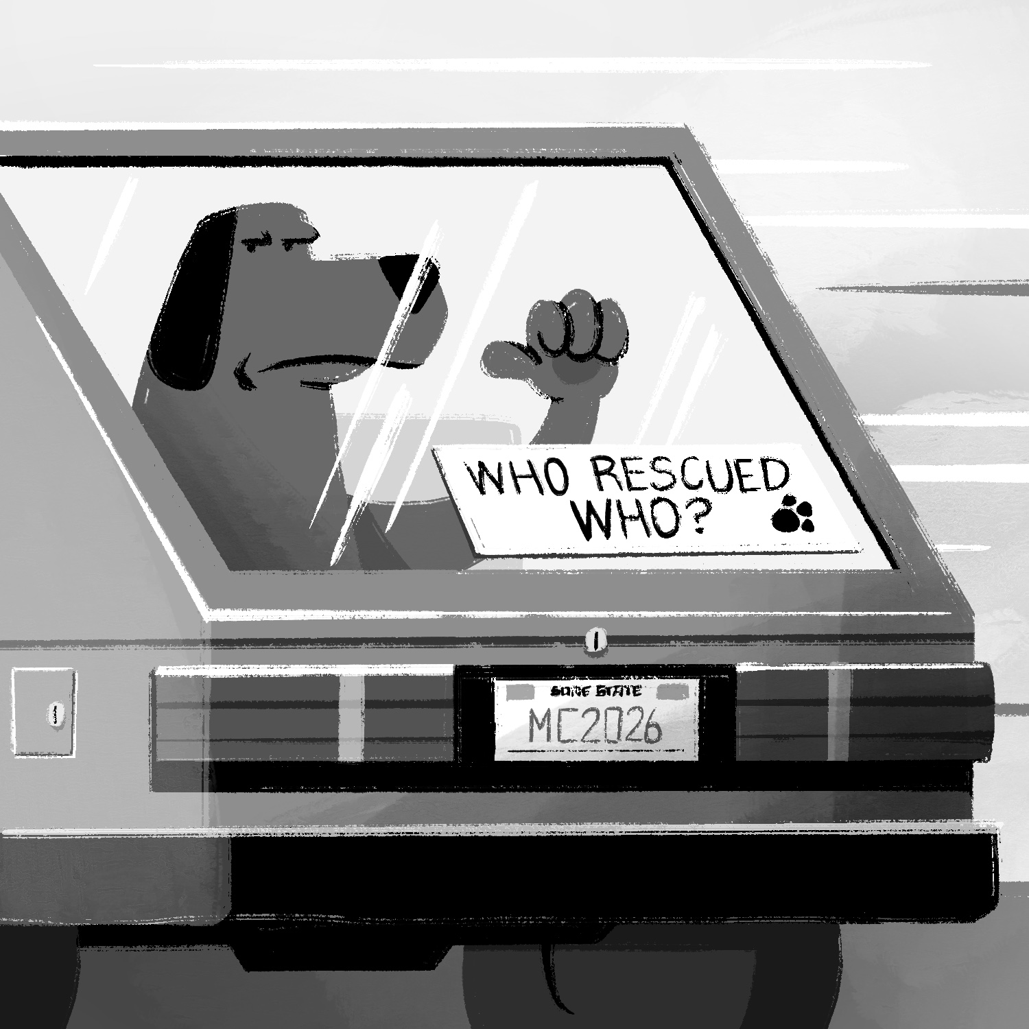 A black and white illustration of a dog riding in the back of a car. The car appears to be a hatchback with a large window that has a bumper sticker on it. The sticker reads "who rescued who?" and has a paw print on it. The dog is looking at the viewer with a mildly annoyed look and is pointing at himself with a thumb. The background is somewhat nondescript but is meant to look like the car is in motion.