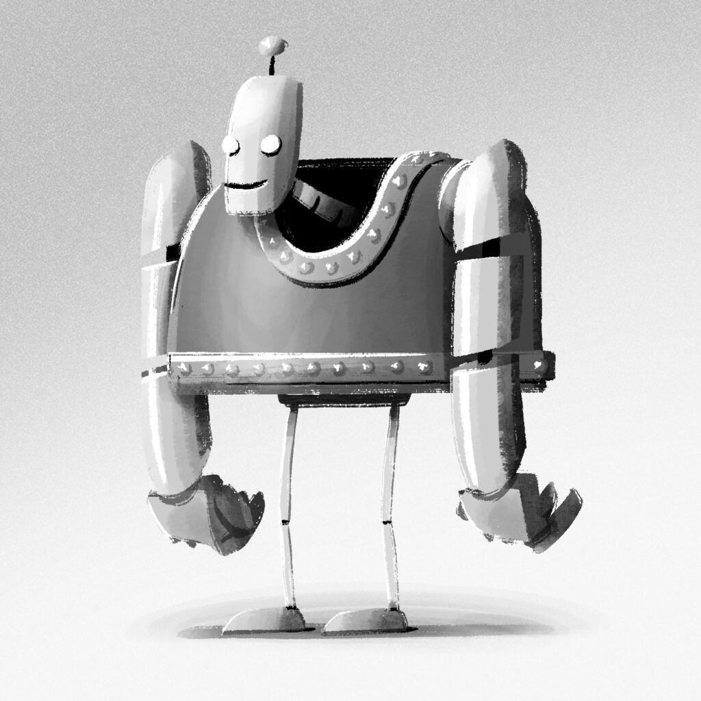A black and white illustration of a robot standing idle. The robot's top half is very large and chunky, with a wide torso covered in bolts and with openings for the robot's head and shoulders, and long, ape-like arms. The robot's head juts out of the dark neck hole, and has two empty, lit bulbs for eyes. The robot has a round antenna on top of its head and has a slight smile on its face. The robot's legs are slightly stubby and very thin, with slightly larger feet at the end. The background is a noisy gray that fades to near white at the bottom.
