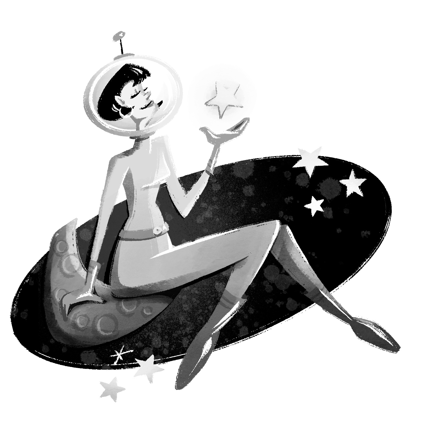 A black and white illustration of a stylized, cartoonish woman in a form-fitting retro space suit, sitting on a tiny crescent moon and holding her hand out, with a star hovering over her open palm. The woman has a pale complexion and short black hair. She is leaning back slightly and is smiling with her eyes closed. One of her legs is bent and the other is kicking out away from her. She is wearing a space suit with a fish-bowl helmet that has an antenna on top, along with gloves, boots, and belt. The small moon she is sitting on is pocked with craters. Behind the woman is a dark, tilted ellipse with lighter gray paint splatters and a number of stars over it and coming off the edges. The background is white.