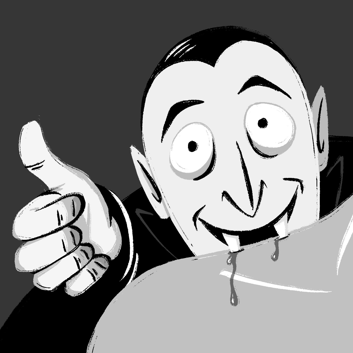 A black and white illustration of a cartoon vampire with his fangs in someone's neck. The vampire is smiling broadly and giving a thumbs up to the side of the victim's neck/shoulder area. He has a pale complexion, sunken eyes, pointy ears, and a widow's peak. He is dressed in all black, and his outfit is mostly obscured. The victim is mostly nondescript. They have a slightly darker complexion than the vampire, and you can see two lines indicating their neck and clavicle. The background is dark gray.
