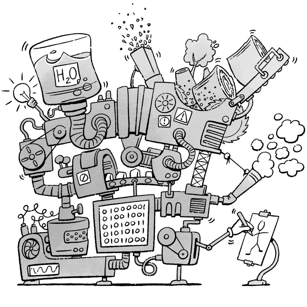 A black and white illustration of a giant, intricate machine. The machine towers over the ground and has a large water tank and tree grinder at the top. In the middle is a conveyor belt moving unknown objects and an exhaust pipe pumping out smoke. Near the bottom is a screen showing binary numbers and at the end of the machine on the bottom right is a mechanical hand drawing a stick figure on a piece of paper. The machine is tinted gray and the background is white.