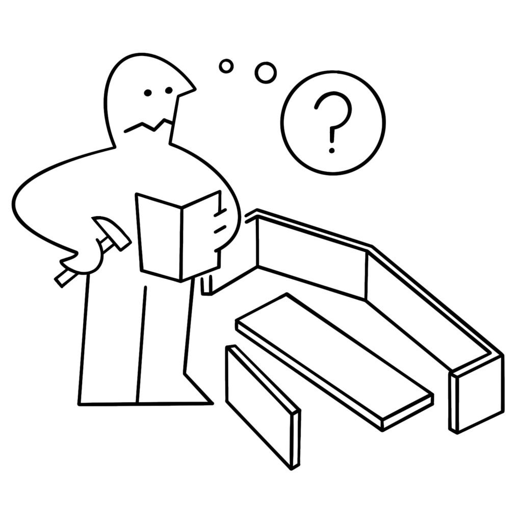 A black and white line drawing of a confused IKEA guy from the building instruction manuals. He is holding a hammer in one hand and a manual in the other and looking at it with a puzzled look on his face. A thought bubble with a question mark in it is coming away from his head to the right. A partly built coffin is in pieces at his feet. Like the official IKEA art, the lines are black and uniform in width. The background is white.