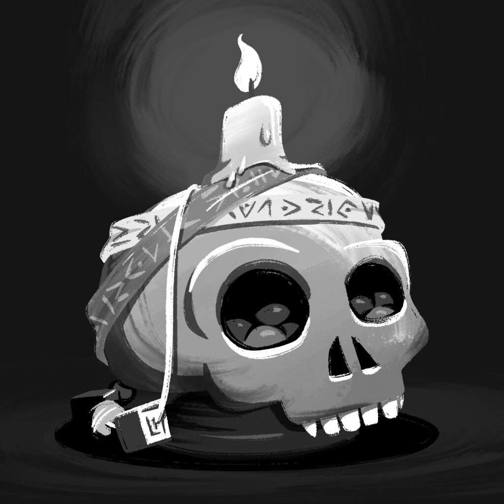 A black and white illustration of a skull sitting on a small pedestal. The skull is wrapped around the top with two bands covered in runes, and a necklace with geometric beads on it is draped over the top, with the beads resting on the ground next to the pedestal. The eye sockets of the skull are filled with shiny beads and a melted candle is on top of the skull. The candle is lit, and it is casting a dim light around the skull. The background is black.