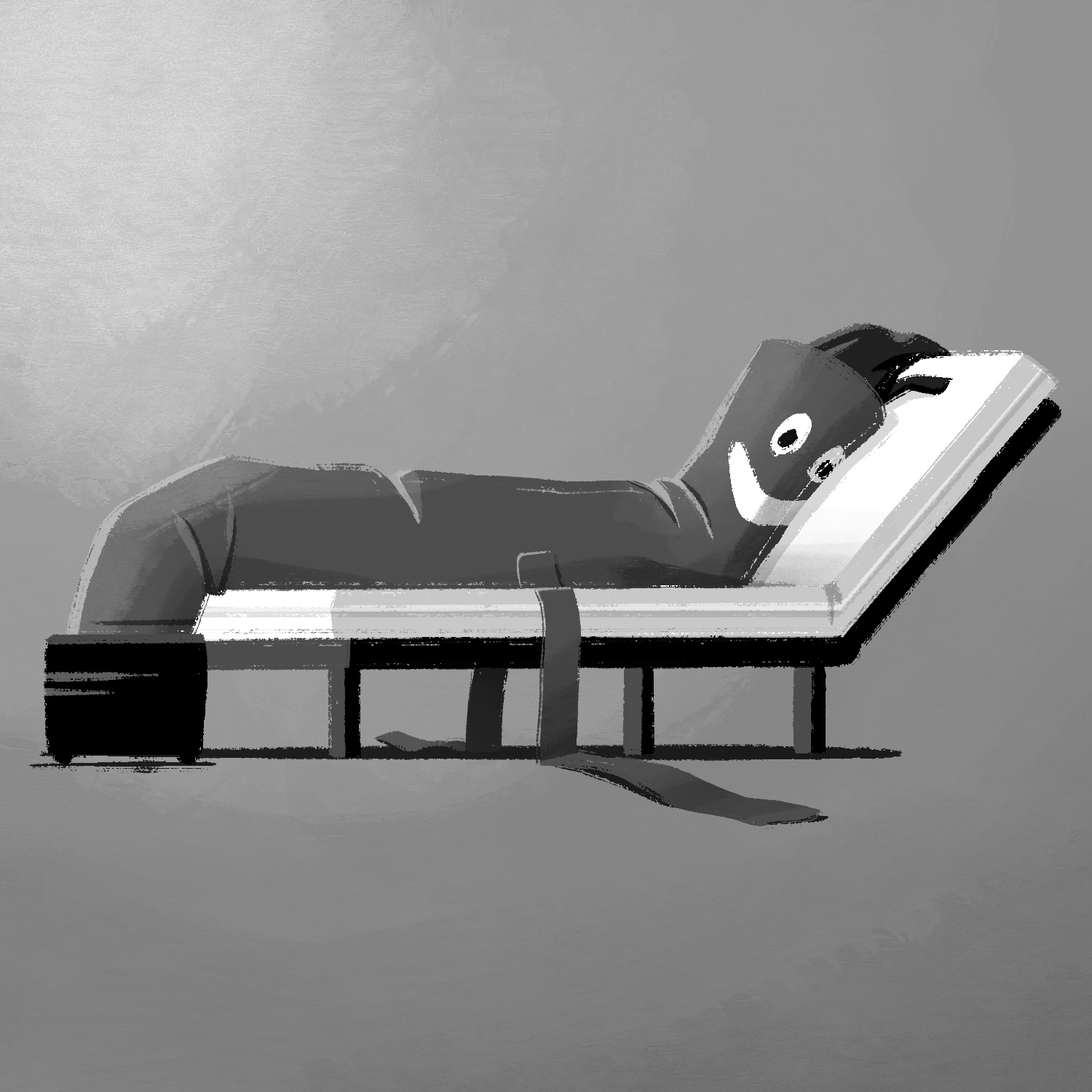 A black and white illustration of an air tube wave arm guy laying down on a lounge chair. The chair is long and flat, with the back up at an angle. It is dark with a light-colored cushion on top. The wavy arm guy is coming out of its fan base at the foot of the chair and laying back against the chair with the top of its head, the hair streamers, going over the edge. Its arms are laying limp to the sides, and its head is turned towards the back of the chair. It is dark gray and has a goofy smile on its face. The background is gray with a light glow in the top left.