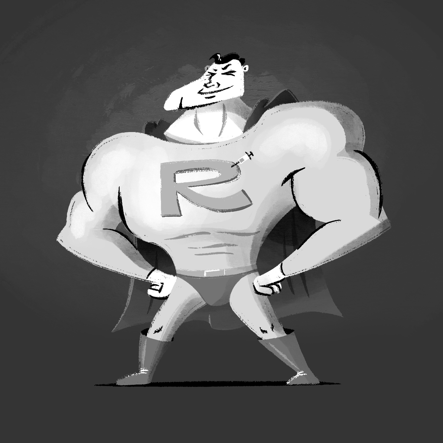 A black and white illustration of a broad, disproportionate, muscley man wearing a superhero costume. The man is standing in a typical superhero pose, with feet apart, hands on hips, and chest out. The costume is a sheer, light colored material and includes a darker bottom, boots, and a cape. The man has a pale complexion, a very large cleft chin, and a coil of black hair on his head. He is smiling broadly, and his eyes are squinted shut. The costume has a large 'R' on the front, with a tiny syringe stuck in the top curve of the letter. The background is dark gray with a faint glow behind the man.