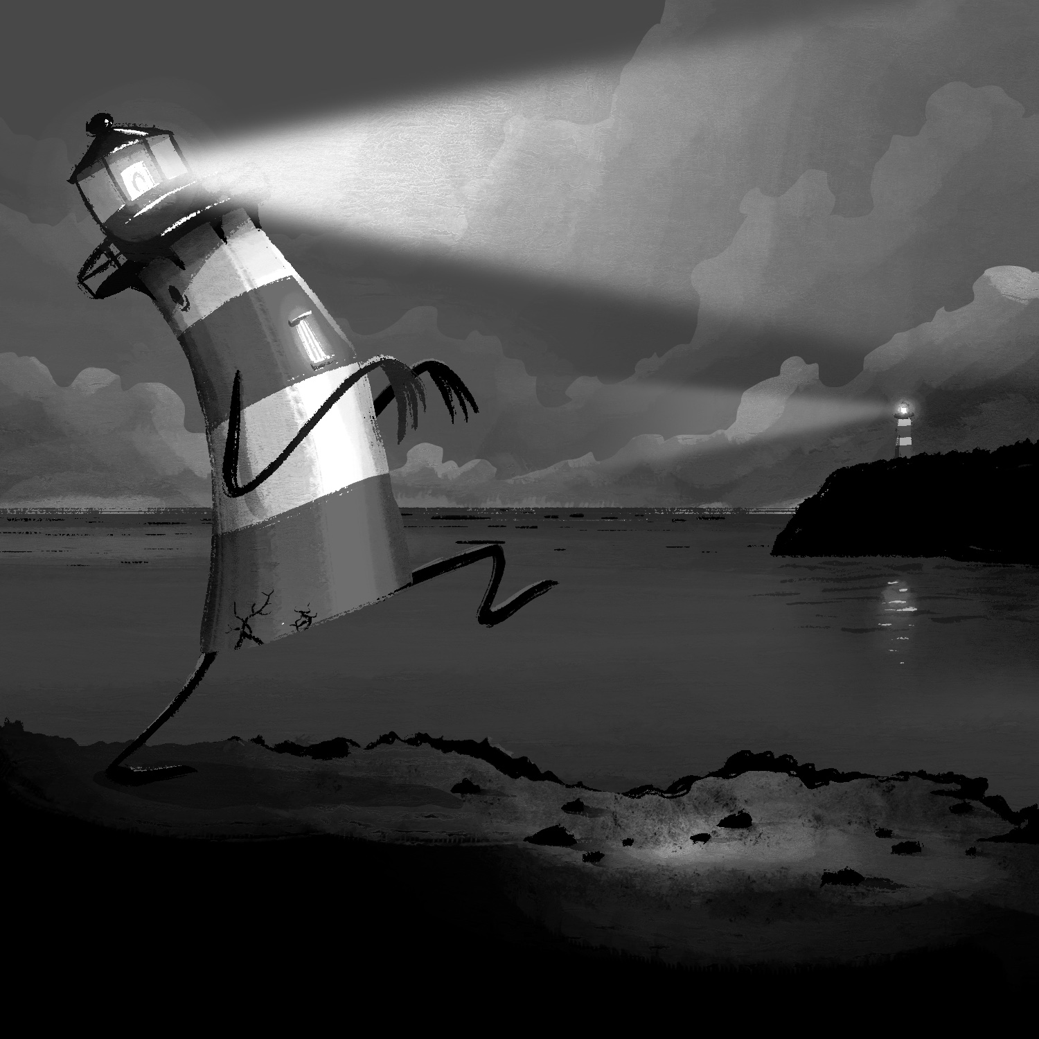 A black and white illustration of an anthropomorphic lighthouse creeping across some terrain. The lighthouse is tall with large, alternating stripes and a circular railing at the top. It is bent backwards and has thin black arms and legs. Its light is shining ahead, and it is illuminating its front and the terrain in front of it. In the background is a large bay, with a chunk of land peeking in from the right. Another normal lighthouse can be seen near the edge, with its own light pointing in the opposite direction of the main lighthouse. Beyond the bay is a dark sky filled with ominous clouds.
