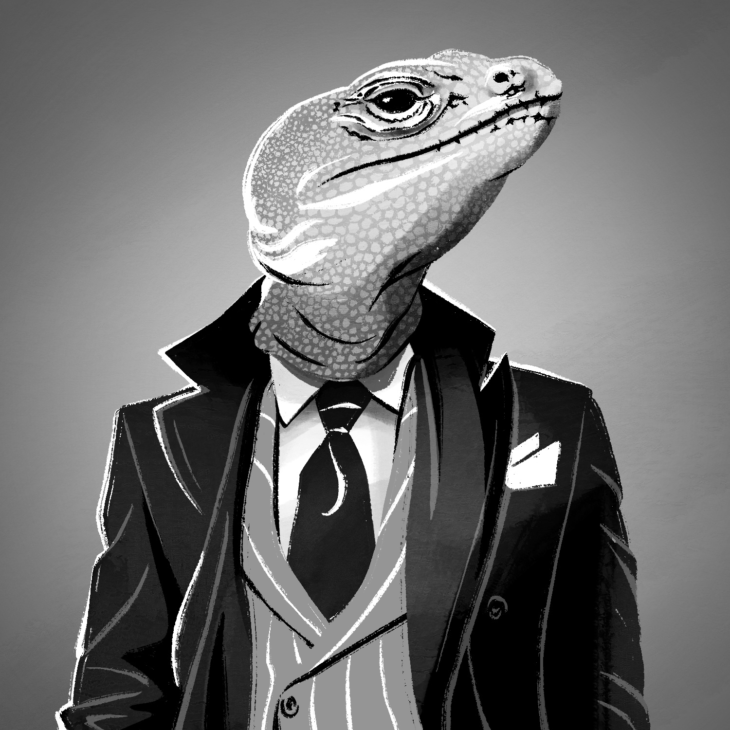 A black and white illustration of a lizard wearing a suit. The outfit consists of a dark suit jacket with the collar popped, a light gray, pin-striped vest, a white, collared dress shirt, and a black tie. The lizard has his head up and to the right and is looking at the viewer with his right eye, which is almost completely black. The background is gray with a light glow behind the lizard.
