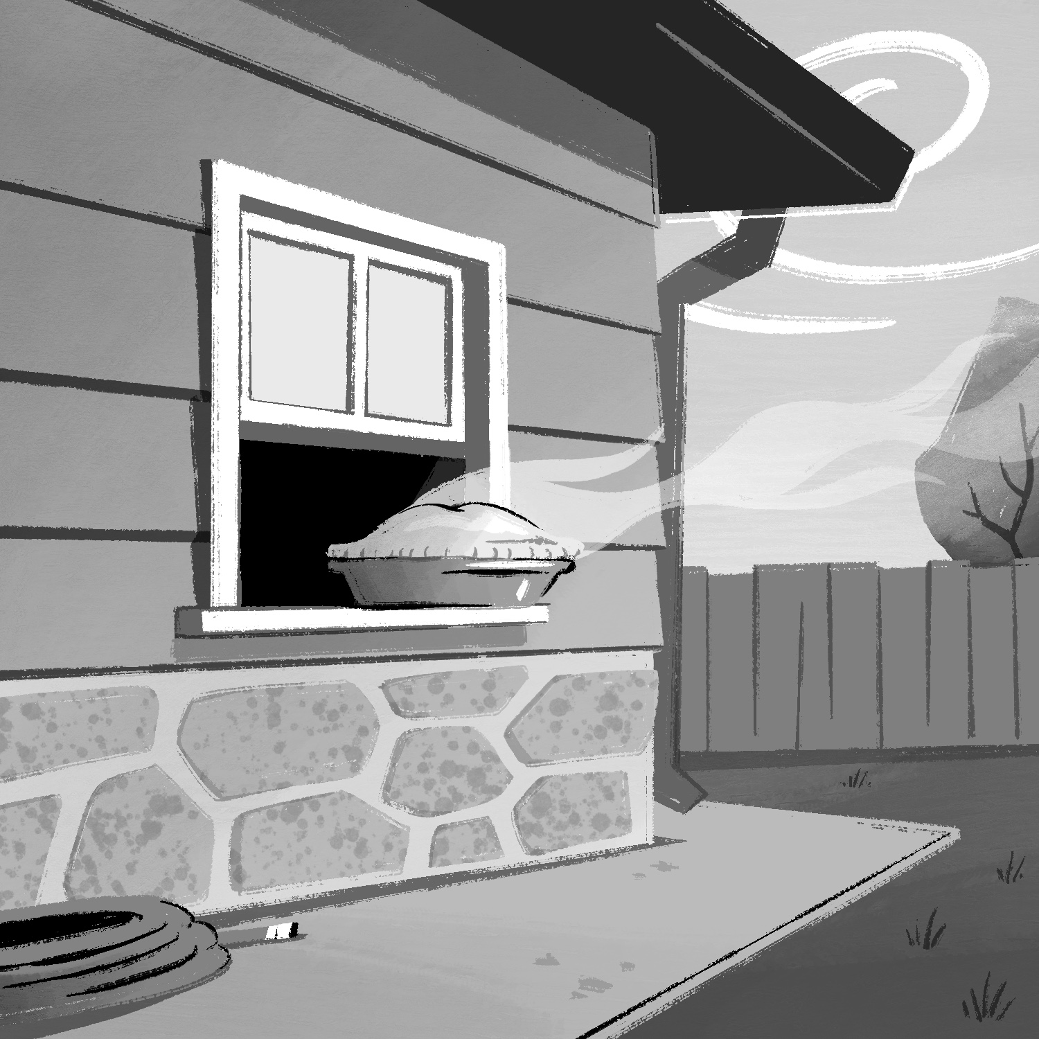 A black and white illustration of a pie cooling on a windowsill on the corner of a house. The window is open and the house is dark inside. The house has horizontal wood siding and a dark roof hangs over the top. The bottom half of the house has rocks set in concrete, and a slab of concrete goes around the house. A hose rests on the concrete on the left side of the image. On the right, the concrete meets grass, and a fence, tree, and sky can be seen in the background. A wisp of sweet pie smell wafts from the pie, disappearing off the right edge of the image. The drawing is done in the style of a cartoon background painting.