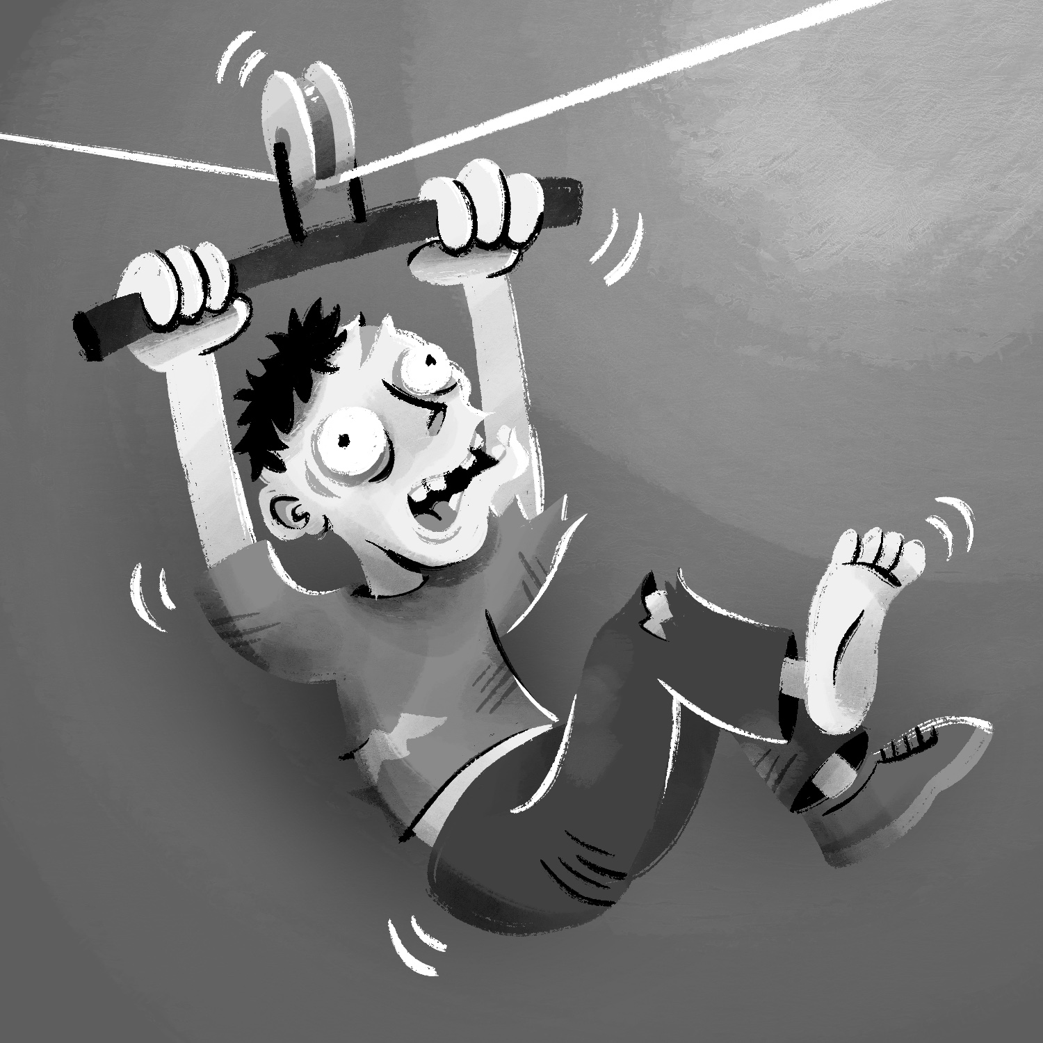 A black and white illustration of a zombie riding on a zip line. The zombie and zip line are coming towards the viewer, from the left to the right. The zombie looks frightened with wide eyes and open mouth. He has a light complexion, a tuft of dark hair, and is wearing a light gray shirt, dark gray pants, and only one shoe. He is holding the handles of the zip line with both hands, and his legs are pulled up. The zombie's clothes are covered in rips and scratches, and his skin is open and loose on his forehead. The background is gray with a glow in the upper right.
